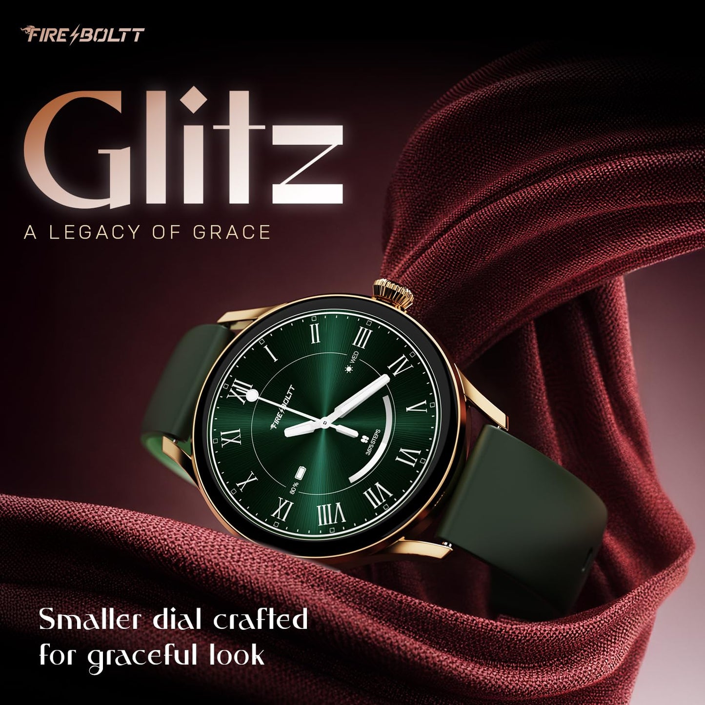 Fire-Boltt Glitz Women Smart Watch with 1.19” AMOLED Display, Bluetooth Calling, Rotating Crown, Always On Display, 1000 Nits Brightness, IP68 Waterproof Soft Olive