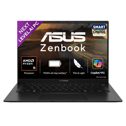 ASUS Zenbook 14, Smartchoice,AMD Ryzen AI 5 340, AI PC(AMD Radeon Graphics/16GB RAM/512GB SSD/3K OLED/14/120Hz/Windows 11/M365 Basic (1Year)*/Office Home 2024/Jade Black/1.2 Kg) UM3406KA-PP240WS