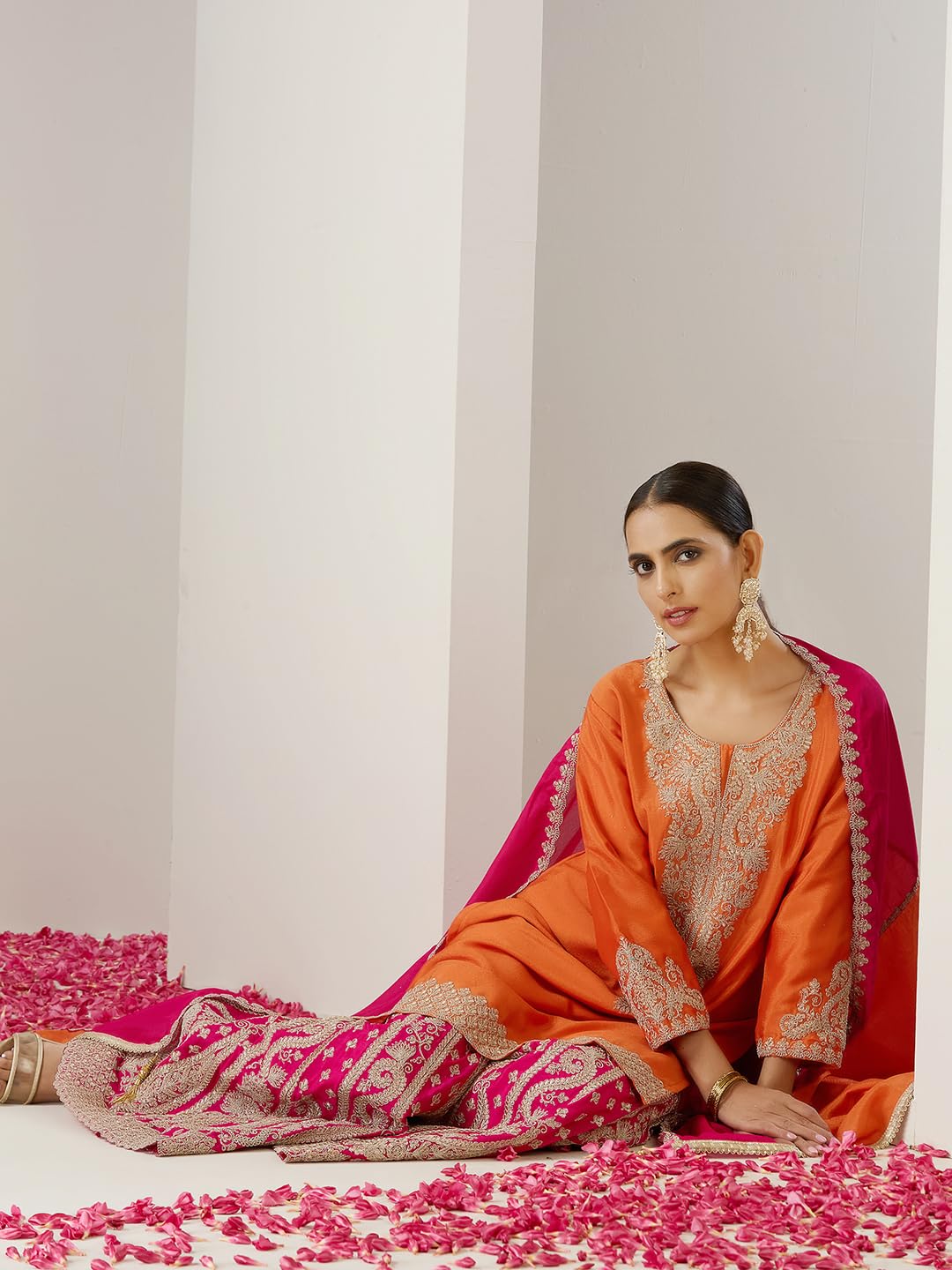 ishin Gold zari embroidered short kurta with embroidered sharara and dupatta