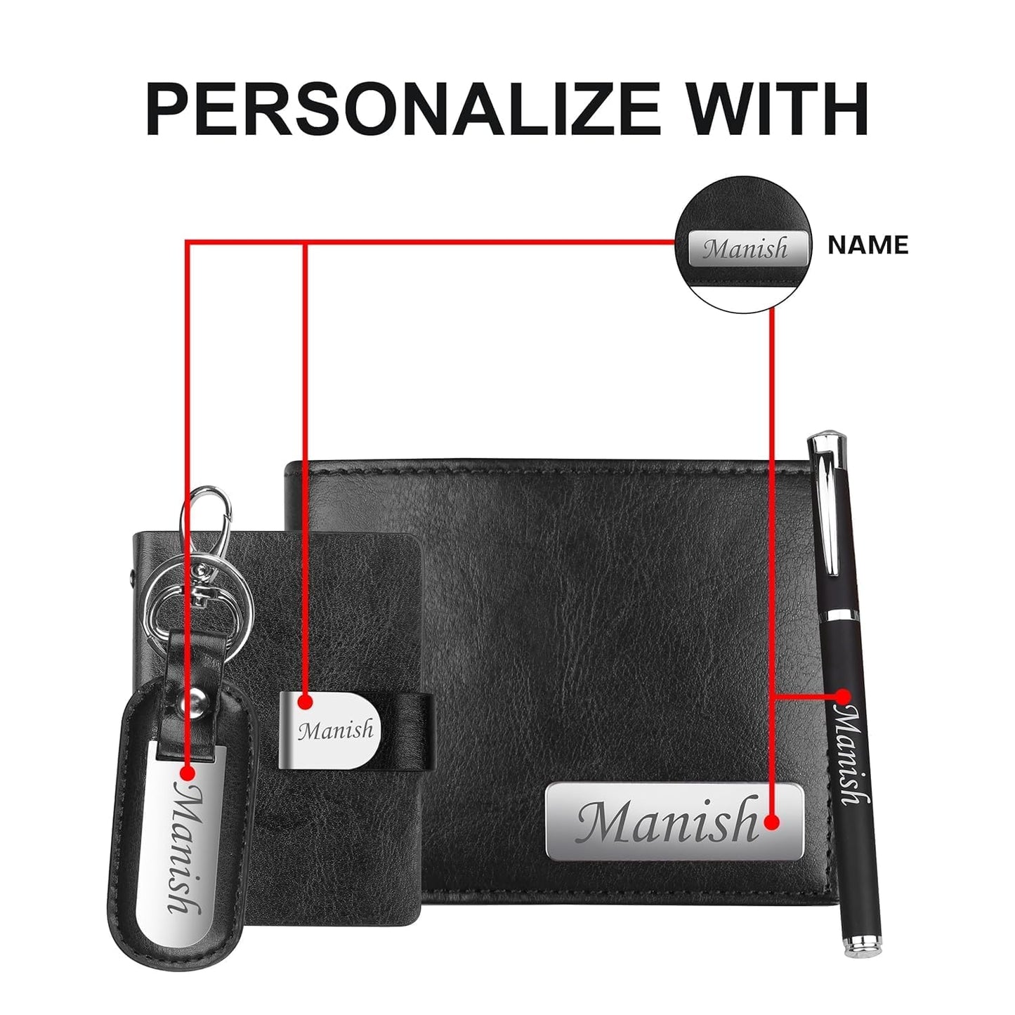 The Wallet Store Personalized Wallet, Pen, Key Chain & Cardholder Gift Set | with Name | Vegan Leather | Best Gift for Brother, Husband, Boyfriend, Father, Etc (BLACK-PN02-CH02-KC11-WL14)