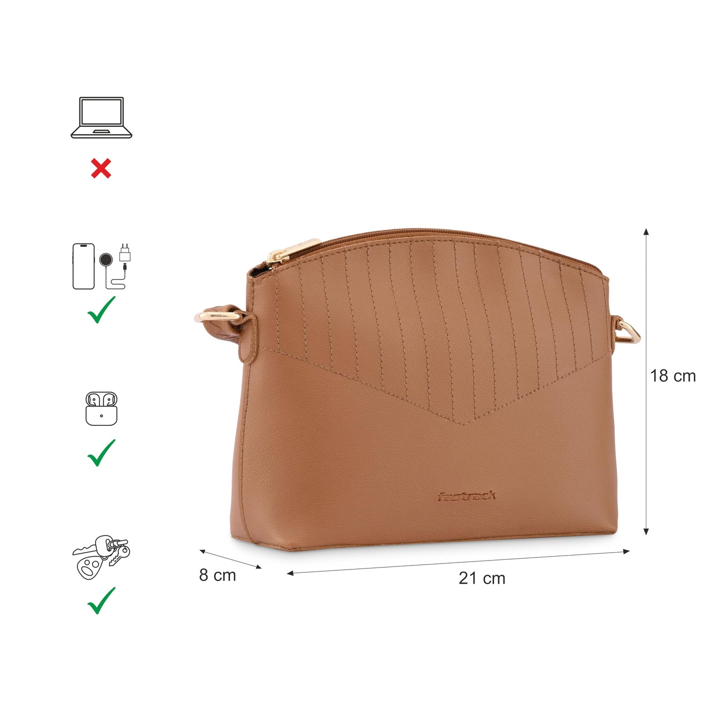 Fastrack Solid Sling Bag for Women, Girls and Ladies | Ladies Purse Handbag | with Adjustable Sling Straps and Zipper Closure Tan