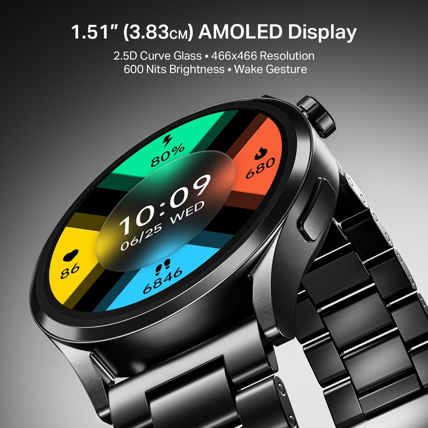 boAt Chrome Horizon, Video Watch Faces, 1.51” AMOLED Display, HRV & VO2 Max, Auto-Activity Detection, ASAP Charge, Advanced Bluetooth Calling, IP68, Heart Rate & SpO2 Monitor Smart Watch(Steel Black)