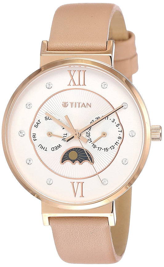 Titan Slimline Quartz Multifunction White Dial Pink Leather Strap Watch for Women - NT95144WL01