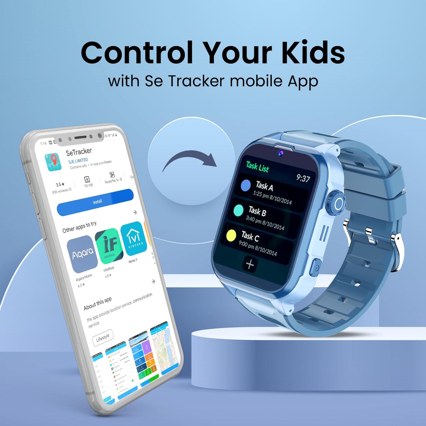 PunnkFunnk Newly Launched Safeguard 5G/4G Kids Smart Watch with SIM Calling, GPS Tracker, Video Call, SOS Alerts, Face Unlock, Games, IP67, 800mAh Battery, Voice Chat, Live Location(Light Blue)