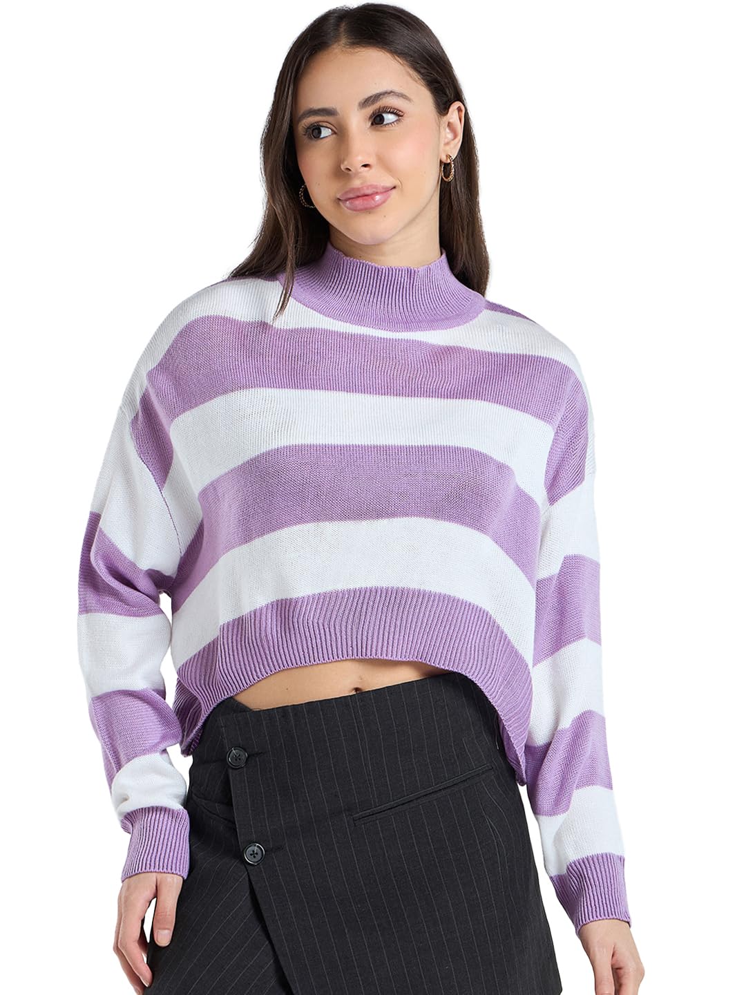 Bewakoof Women's Striped Oversized Fit Full Sleeve Round Neck Acrylic Sweater_680214_White_M