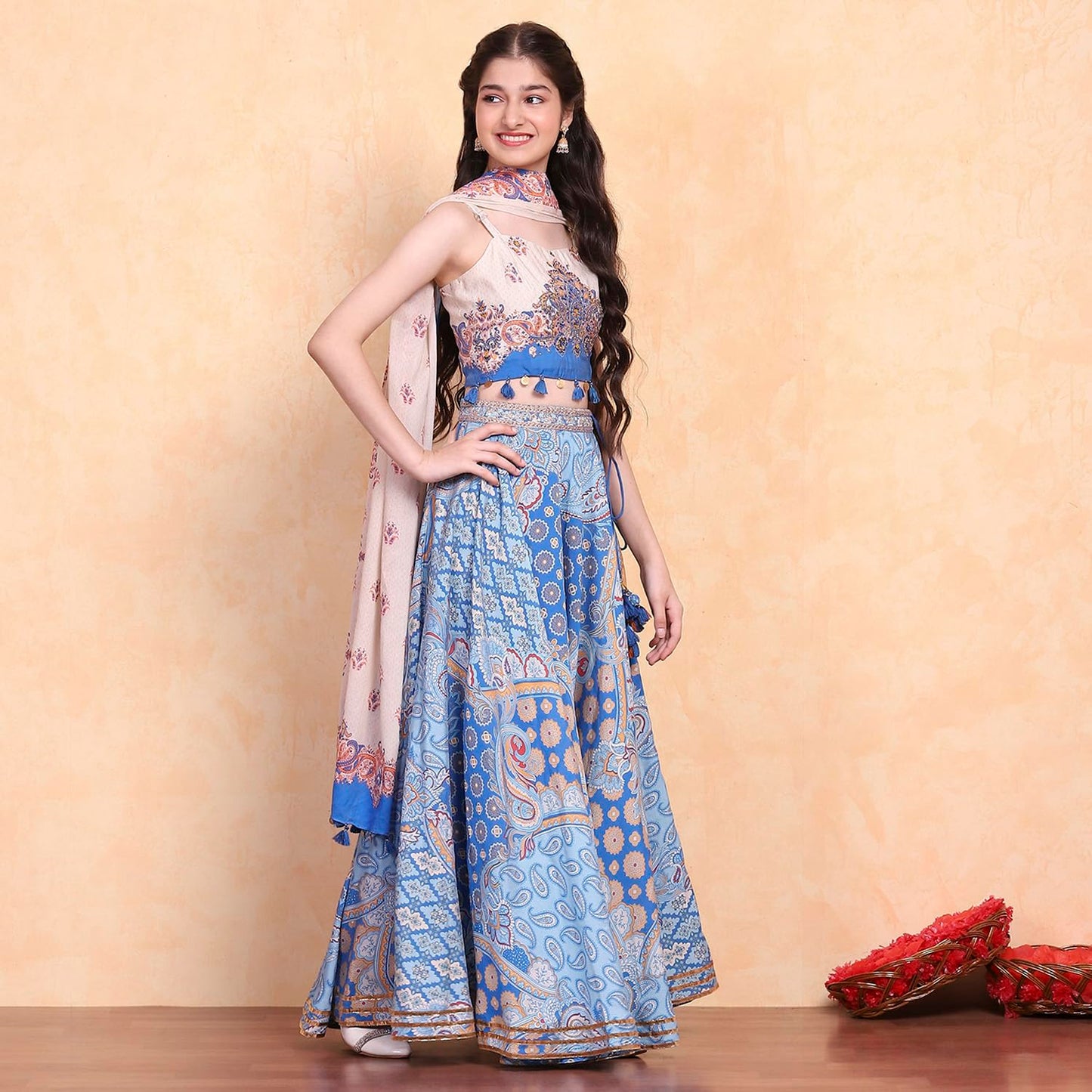 Biba Girl's Viscose Blend Lehenga Set (KWBOHEMIA6403SS25ELCBLU_Electric Blue_14-15 Year)
