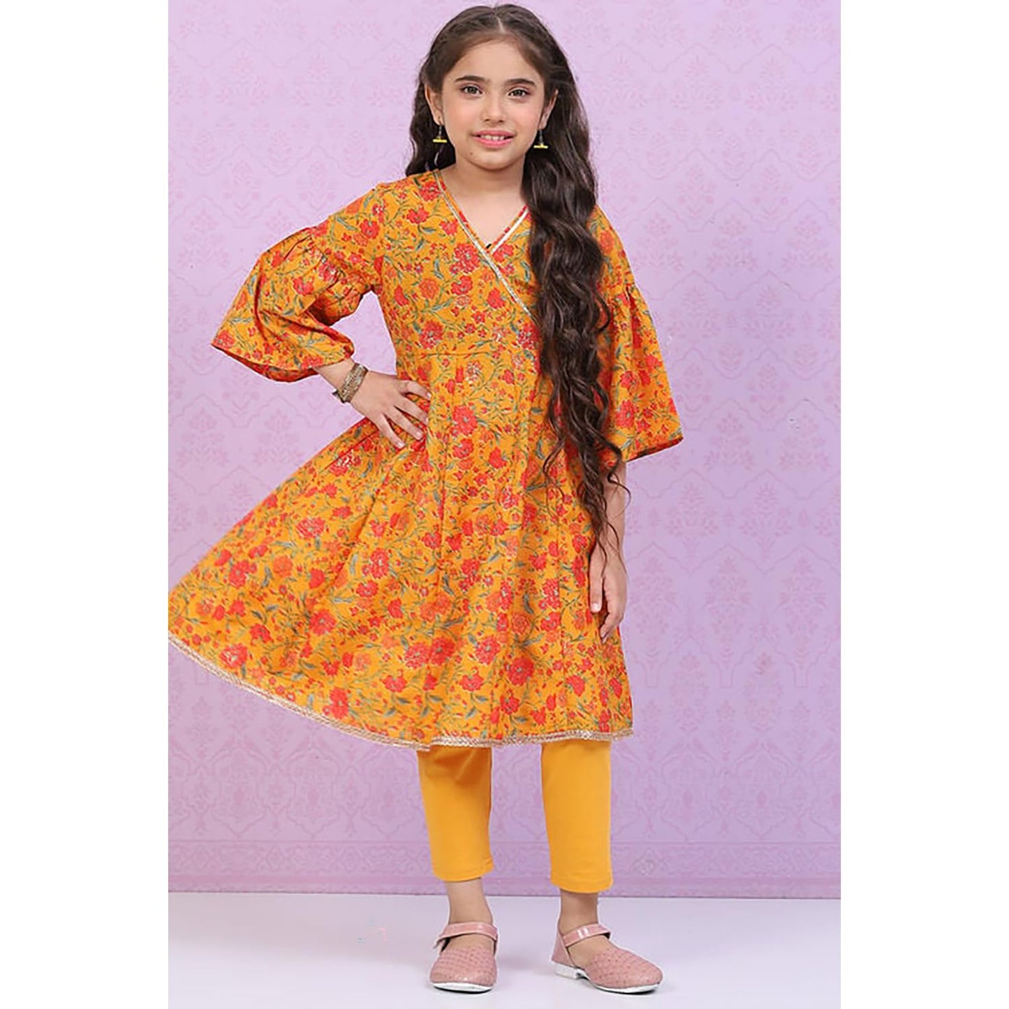 BIBA Girls Polyester Flared Printed Suit Set(KW5024E_5_Brown)