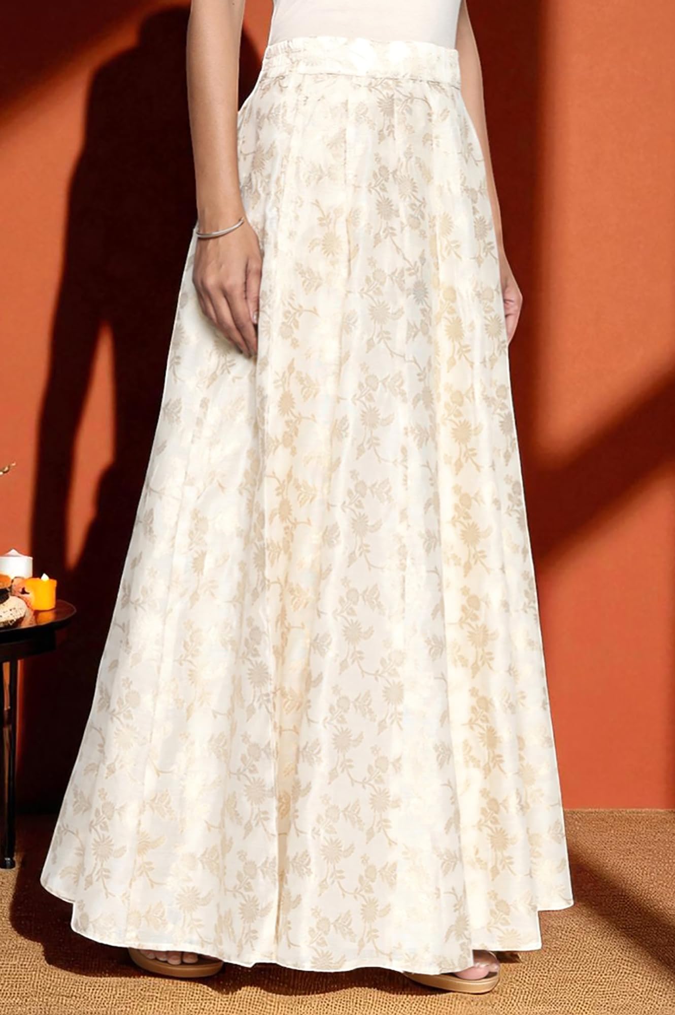 W for Woman Cream Yarn Dyed Printed Jacquard BD Skirt (Size: L)-W50510-314343