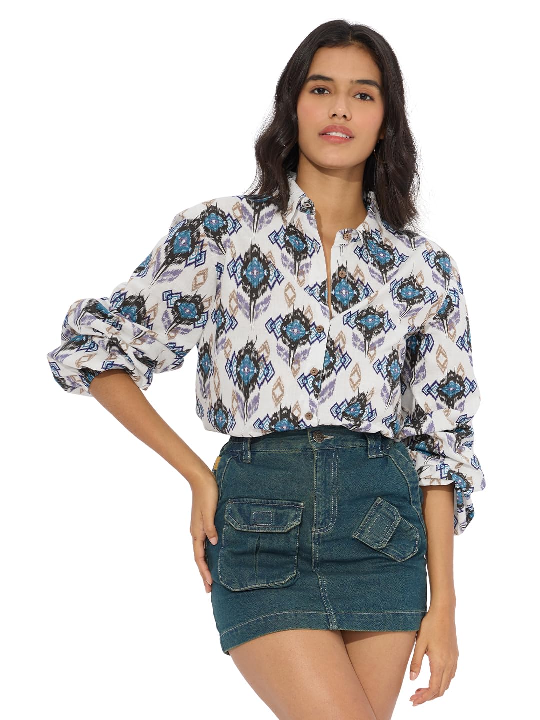 The Souled Store Ikat Twist Women and Girls Long Sleeves Collared Neck Button Front Multicolor All Over Printed Cotton Boyfriend Shirts