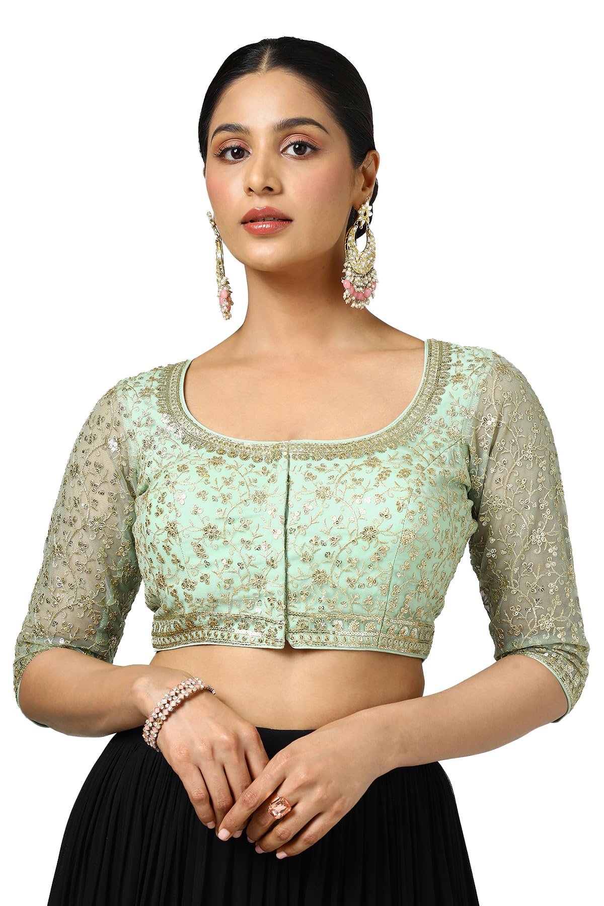 Soch Women's Net Embellished Short Sleeve Regular Fit Blouse (BLFSEMB00649_Green 38)