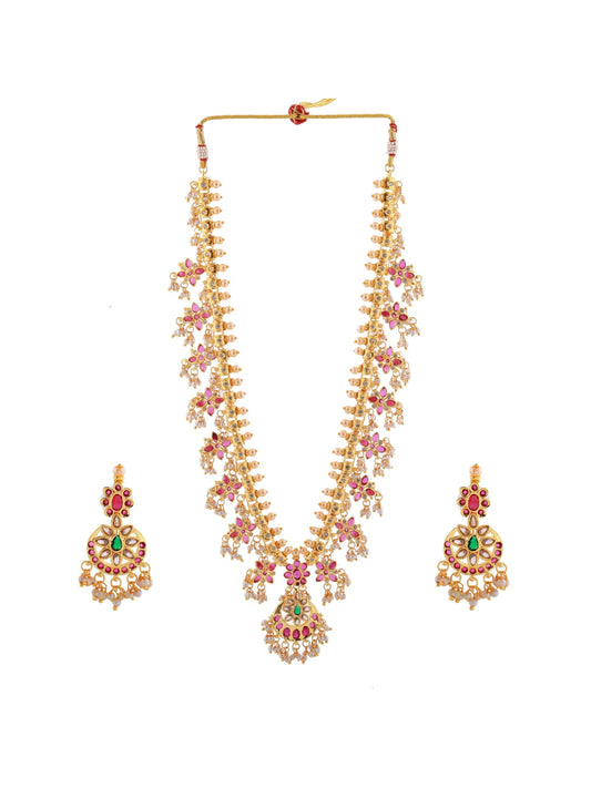 Estele Gold Plated CZ Traditional Necklace Set With Intricate Pearls Work for Women