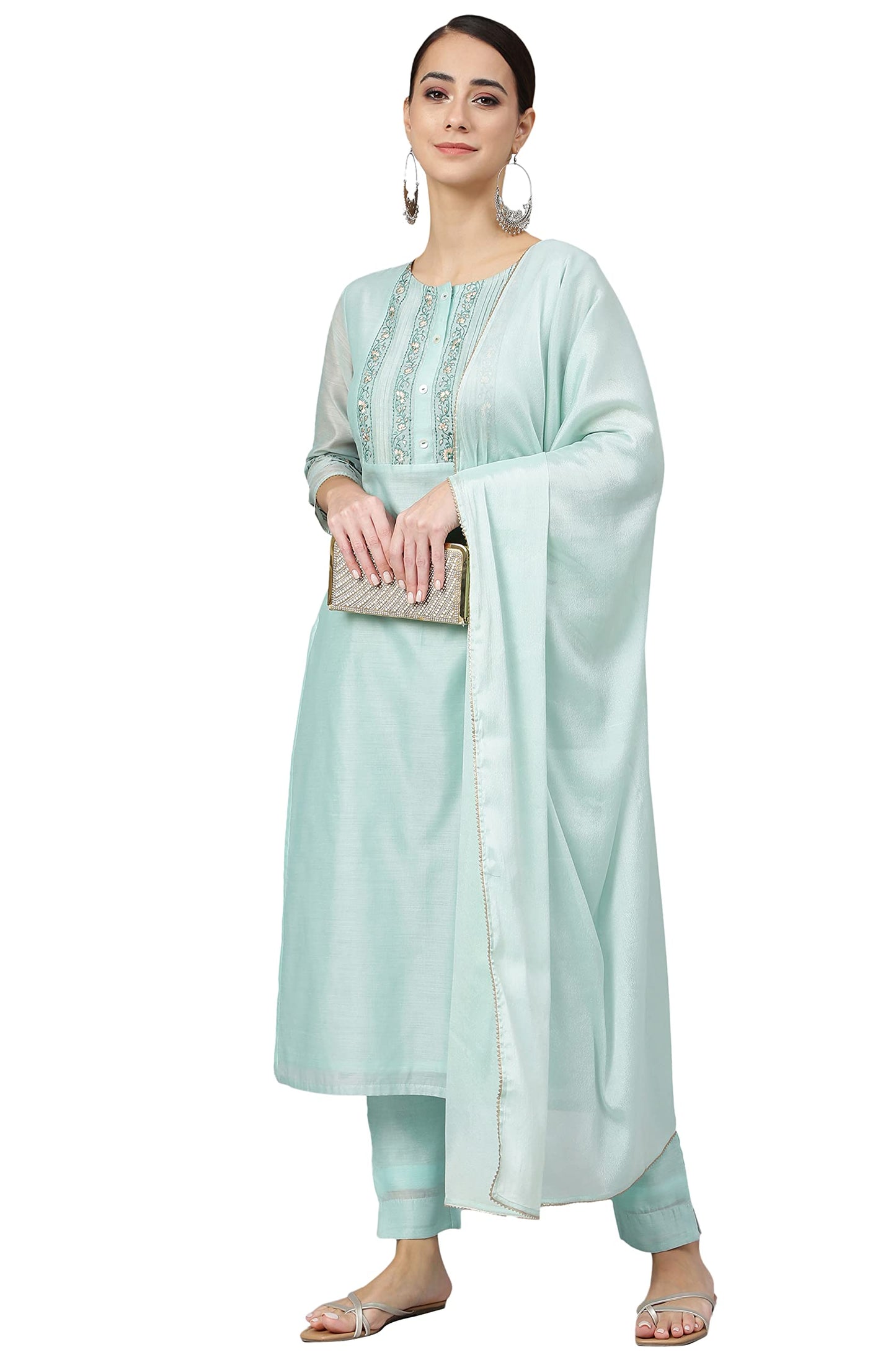 Janasya Women's Sea Blue Chanderi Silk Solid Kurta with Pant and Dupatta (SET561-KR-NP-RE-L)