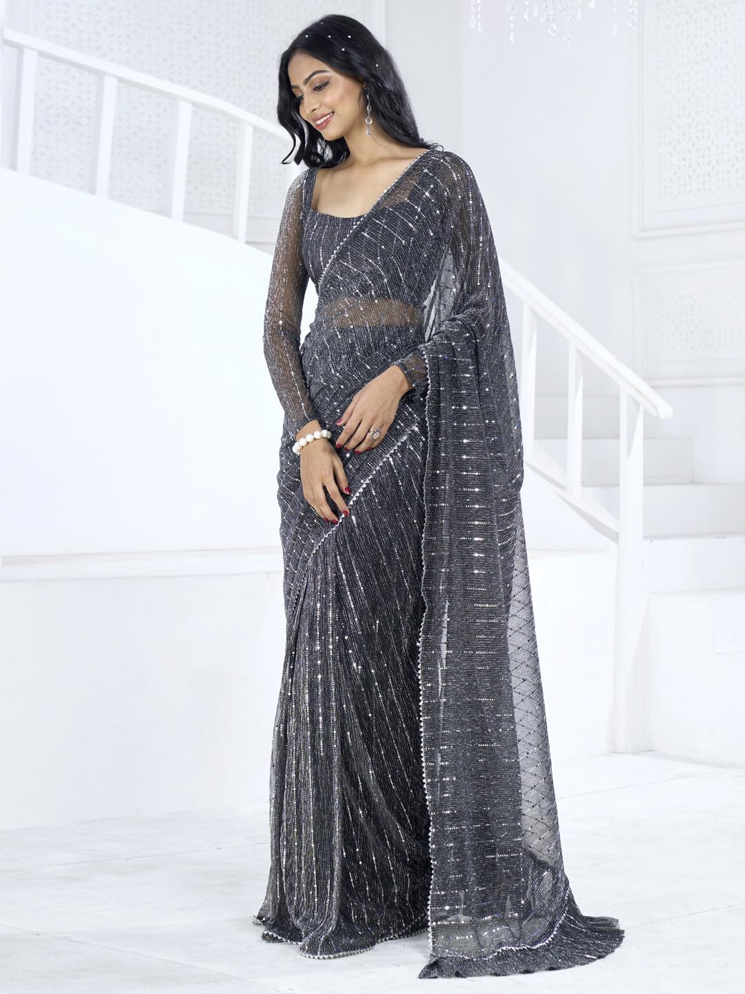 SAREE MALL Women's Embellished Printed Ready To Wear one Minute Ready To Wear one Minute Saree With Unstitched Blouse (Black_RTWMAHEK5001E_MK)