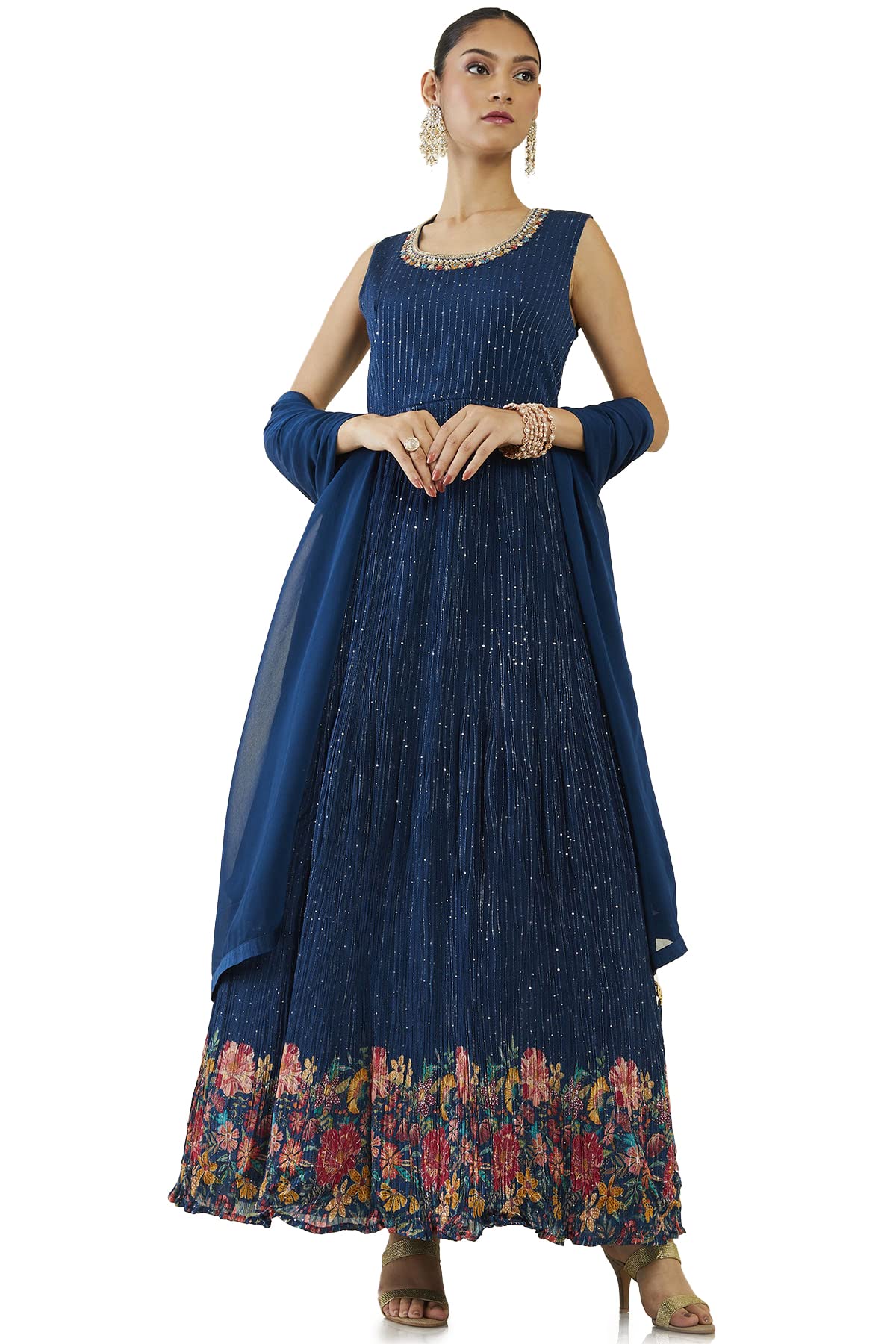 Soch Women Dark Blue Georgette Embroidered Gown (Dark Blue_XL)