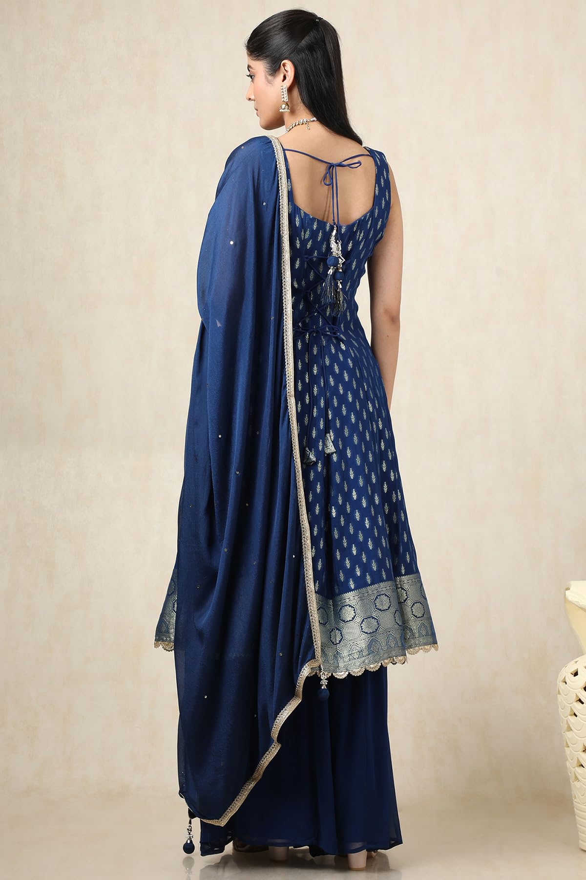 Soch Womens Blue Brocade Woven Design Suit Set With Mirror And Cutdana