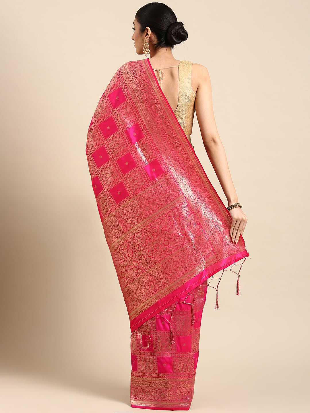 AMIRAT Women's Banarasi Silk Woven Zari Saree | Banarasi Silk New Look And Heavy Designer Saree With Unstitched Blouse Piece (Pink)