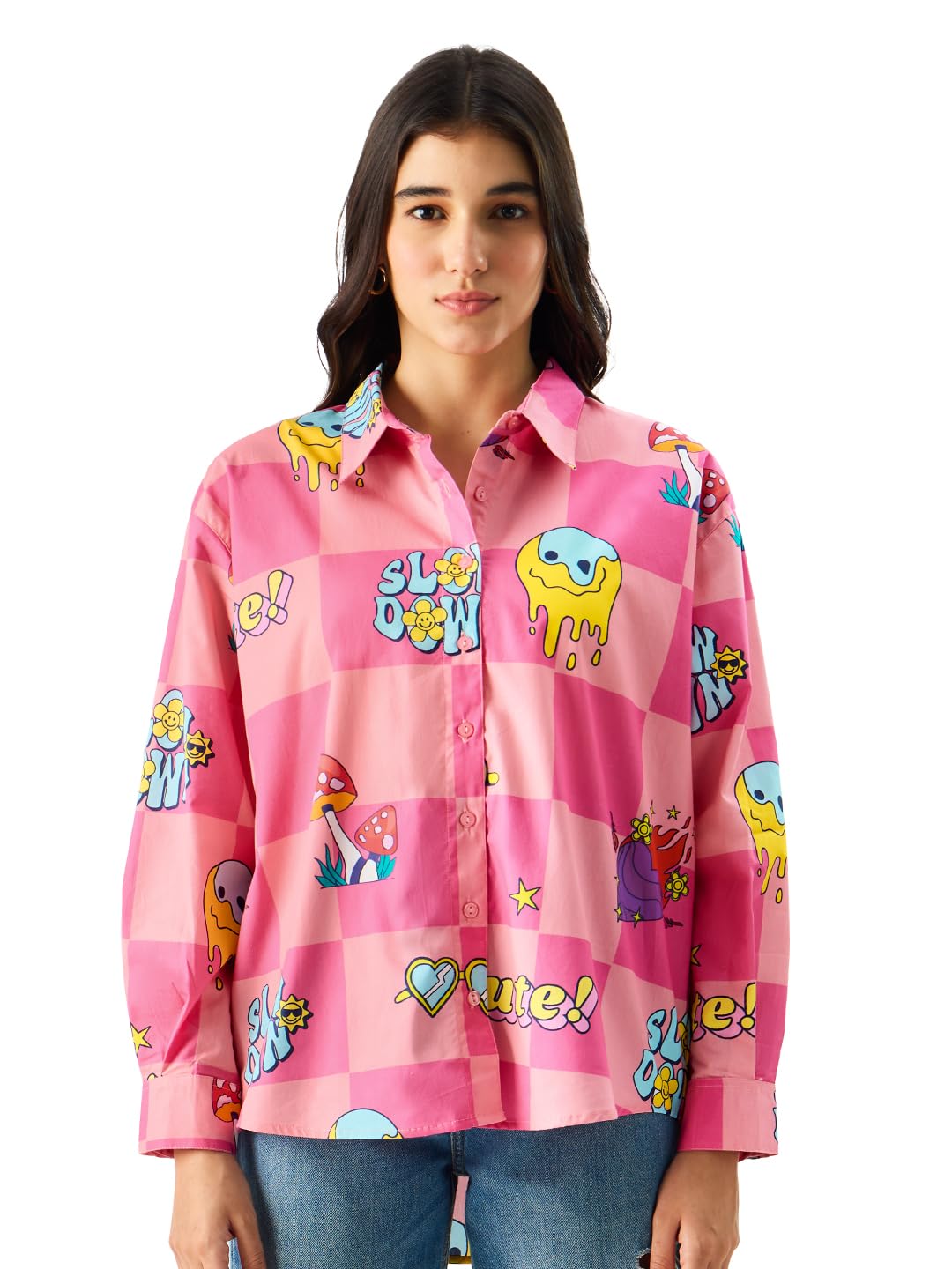 The Souled Store Slow Down Long Sleeve Collared Button Down All Over Print Oversized Fit Cotton Boyfriend Shirt for Women & Girls Pink