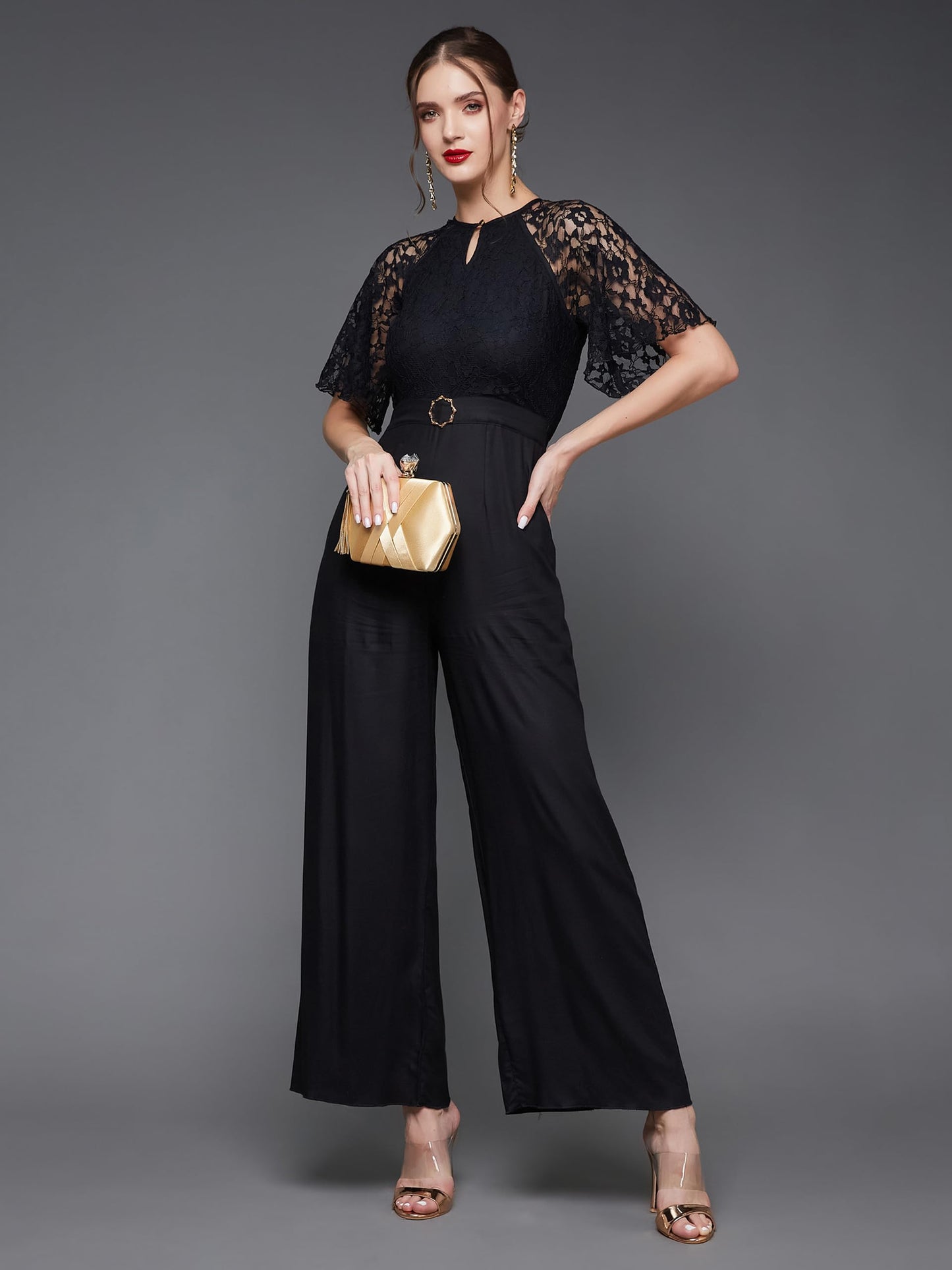 Miss Chase Women's Round Neck Flared Sleeve Floral Raglan Regular Jumpsuit (MCSS23D15-69-668-07, Abyss Black, 2XL)