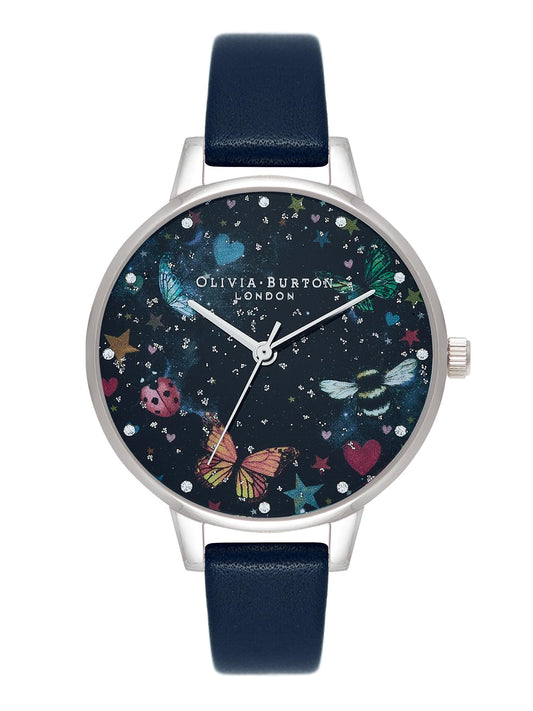 Olivia burton Night Garden Qtz Basic Slim White Mother of Pearl & 3D Print & Stone Round Dial Women's Watch|Navy Leather Material|Navy Color Band - OB16WG86