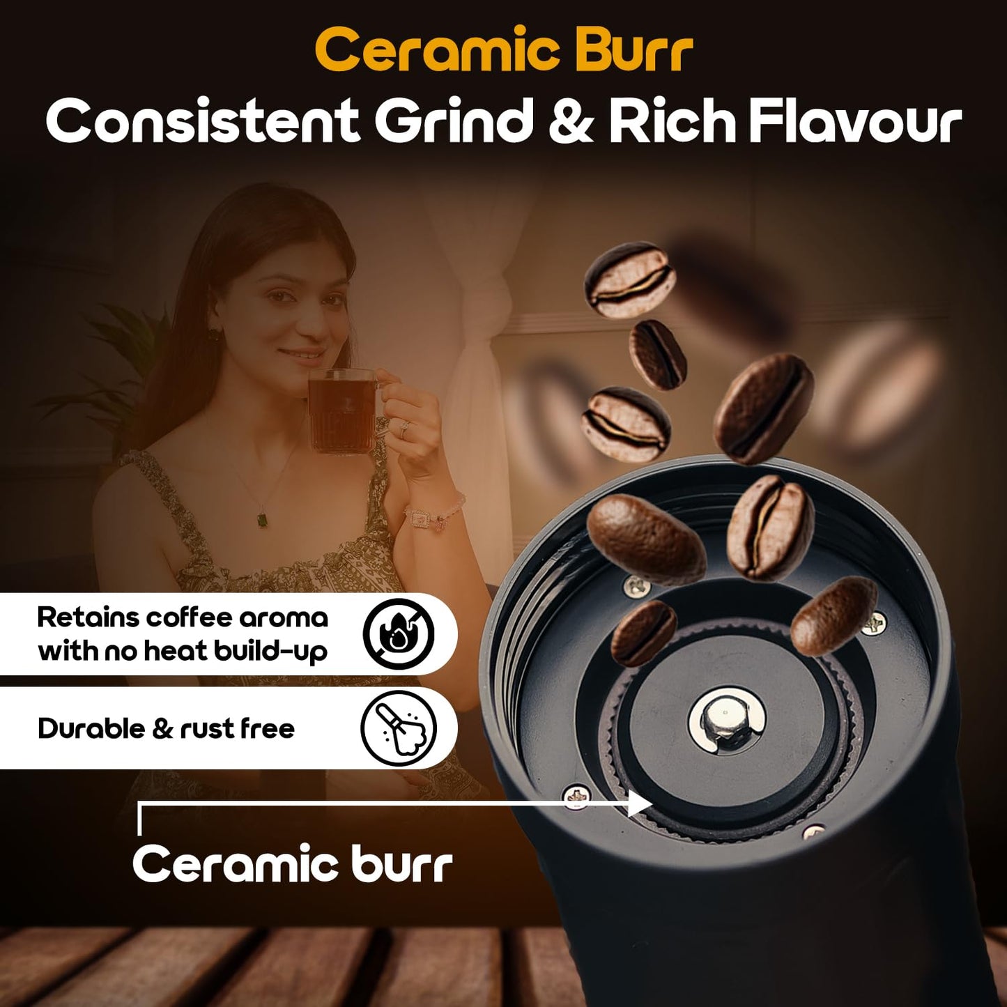 InstaCuppa Manual Coffee Bean Grinder with 40 Adjustable Grind Settings, Ceramic Burr Mill, Glass Jar, Fresh Grind for Espresso, French Press, Pour Over, Cold Brew – Portable & Easy to Clean