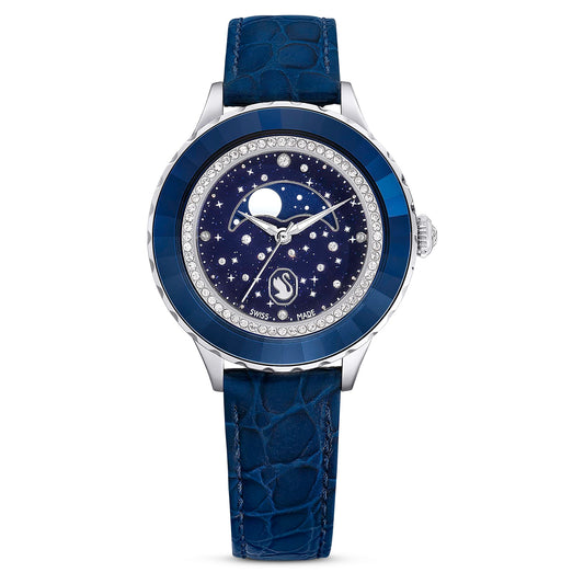 Swarovski Women's Octea Moon Analog Watch - Swiss Made, Blue Leather Strap, Blue Dial and Finish, One Size
