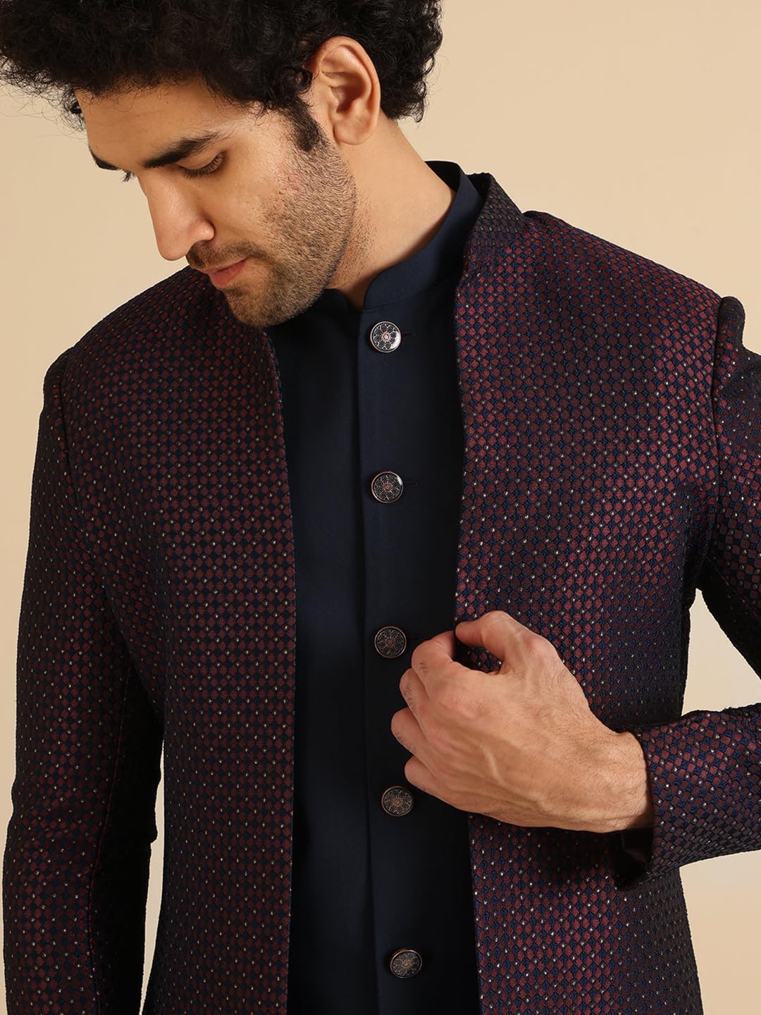 KISAH Jacket Sherwani Set for Men – Woven Design Jacquard Sherwani with Trouser | Ethnic & Formal Indian Outfit for Weddings, Celebrations & Parties, Wine, 42