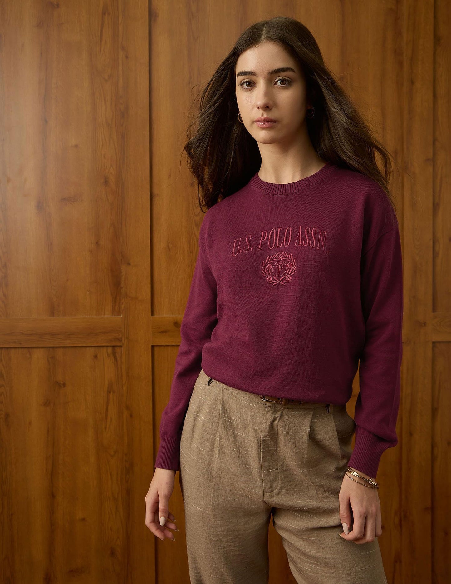 U.S. Polo ASSN. Women Relaxed Fit Drop Shoulder Sweatshirt (UWAW25SWE208_Maroon_L)