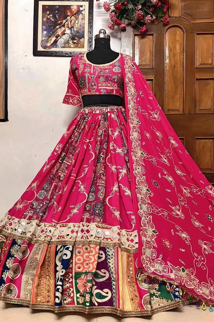 Women's Real Mirror Work Cotton Pink Lehenga Choli For Navratri