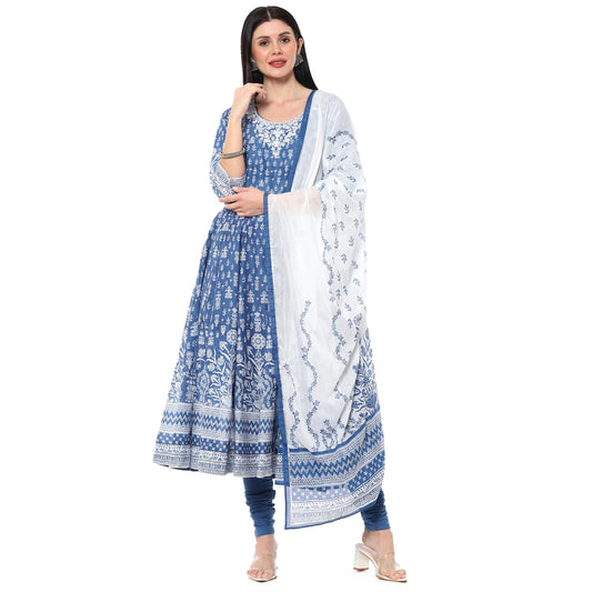 BIBA Women PRINTED ANARKALI SALWAR KURTA DUPATTA(SKDIK RANG9510_BLUE_38)