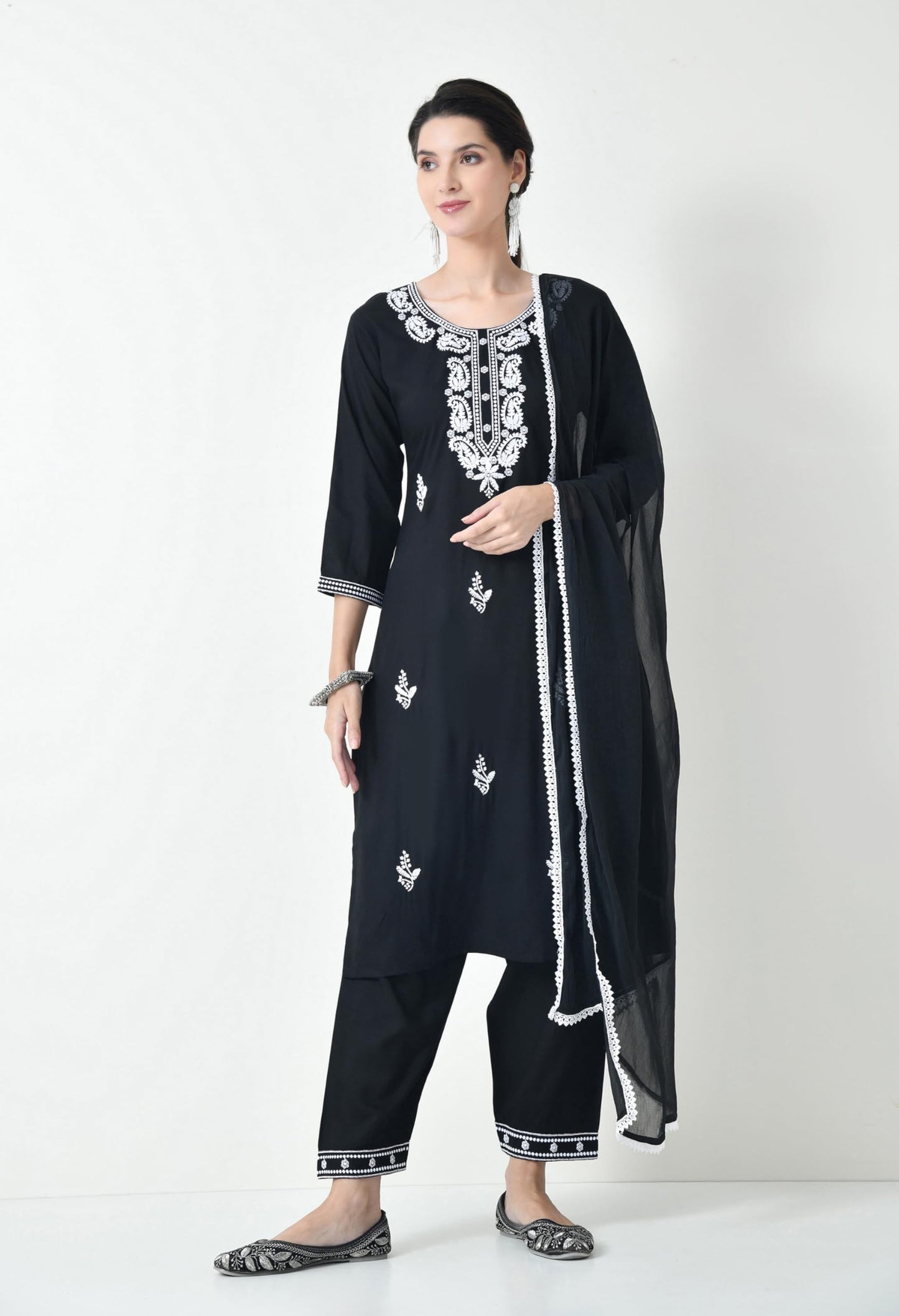 LIBOZA Chikankari Kurta Set for Women, Royon Cotton Straight Design Salwar Suit for Wedding, Diwali & Festival Kurti Pant With Dupatta, Suits Sets for Girls (IN, Alpha, L, Regular, BLACK)