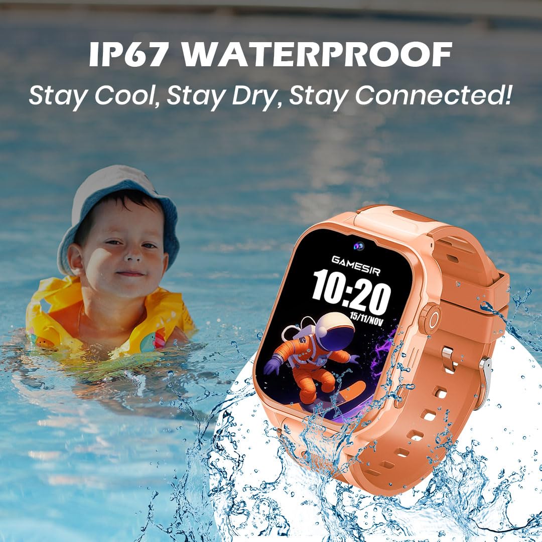GameSir Safeguard Kids Smart Watch 5G/4G with SIM Calling, 800mAh Battery, GPS Tracker, SOS Alerts, Video Calling, Face Unlock, Voice Chat, Games, IP67 Waterproof (Orange)