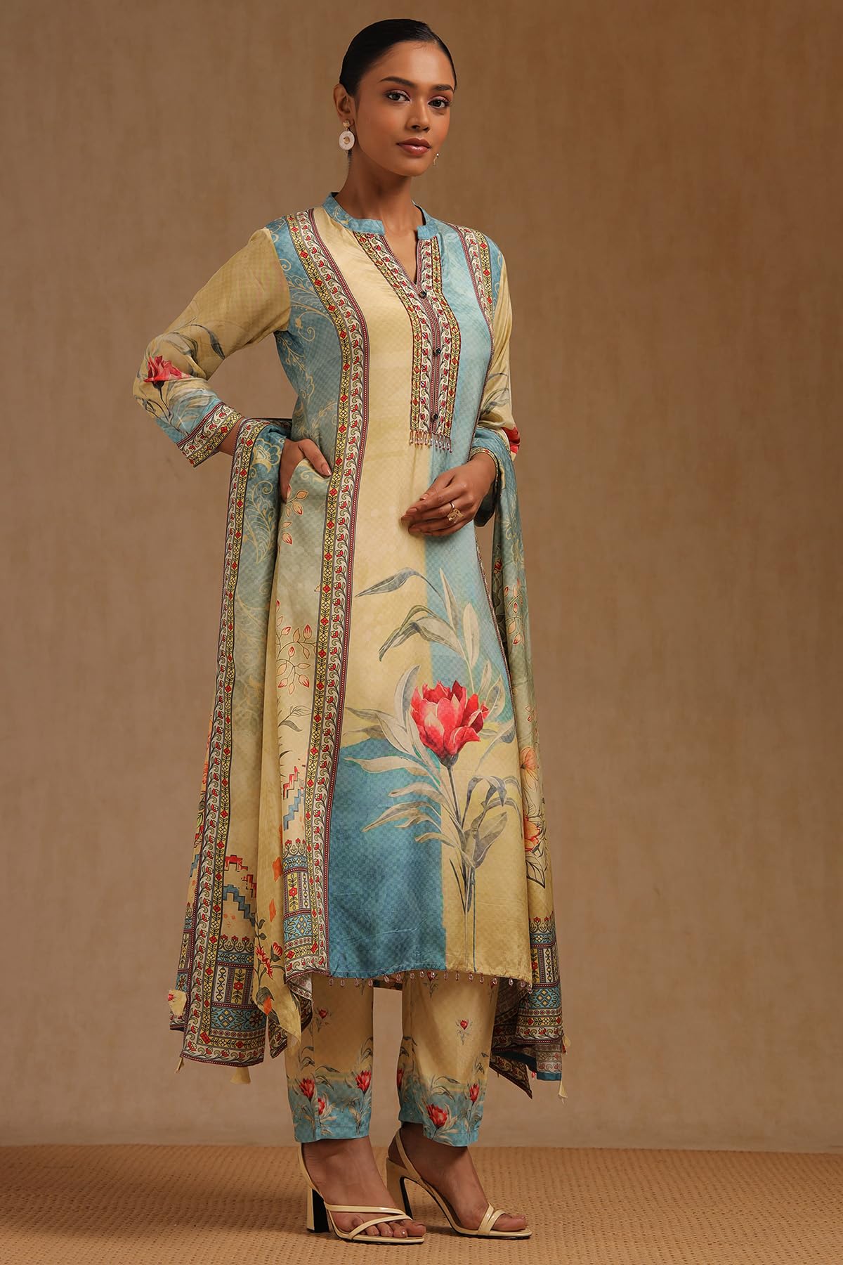 Soch Womens Yellow Muslin Floral Print Suit Set With Beads