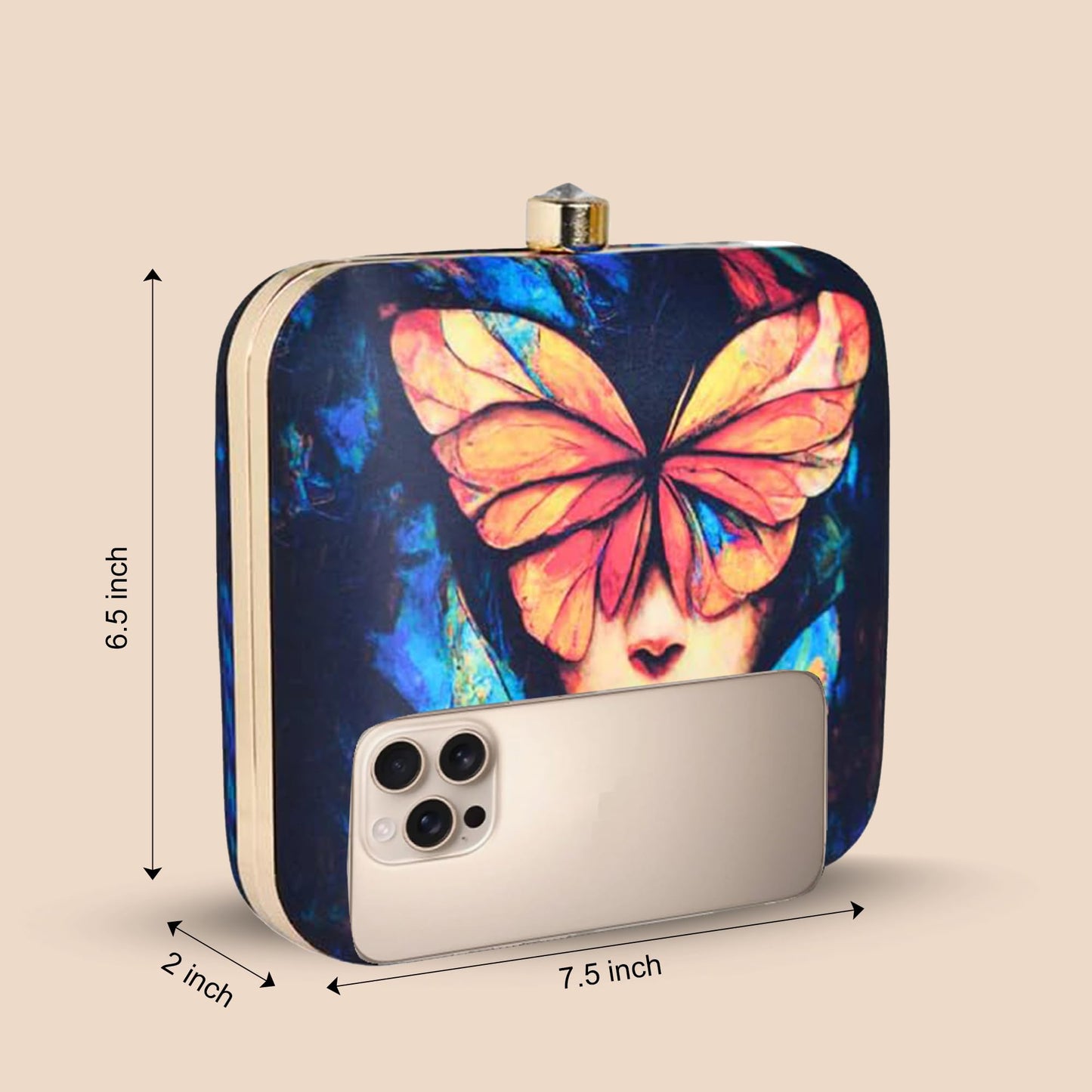 Artklim Women’s Butterfly Portrait Printed Clutch Bag | Stylish Ethnic Ladies Evening Handbag for Party, Bridal and Wedding Use | Box-Style Clutch Purse with Detachable Metal Chain Strap (Multicolor)