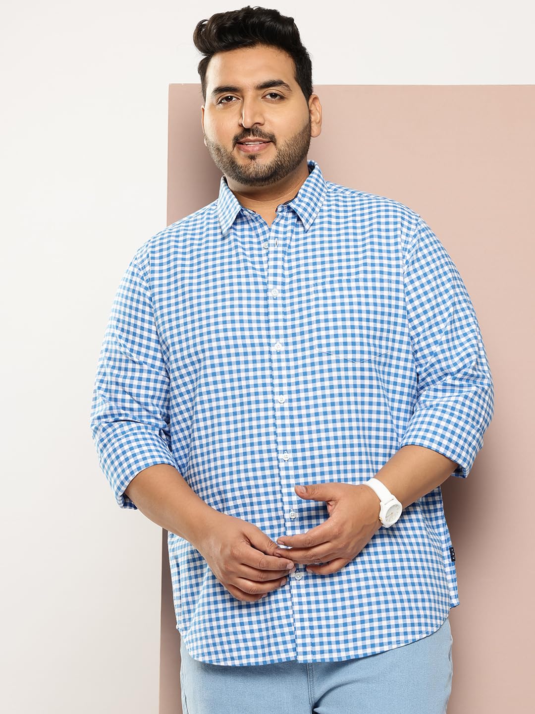 Thomas Scott Men | Long Sleeves | Gingham Checks | 100% Cotton | Spread Collar | Casual Shirt | (Available in Plus Size)(TS1481_Blue_XL)