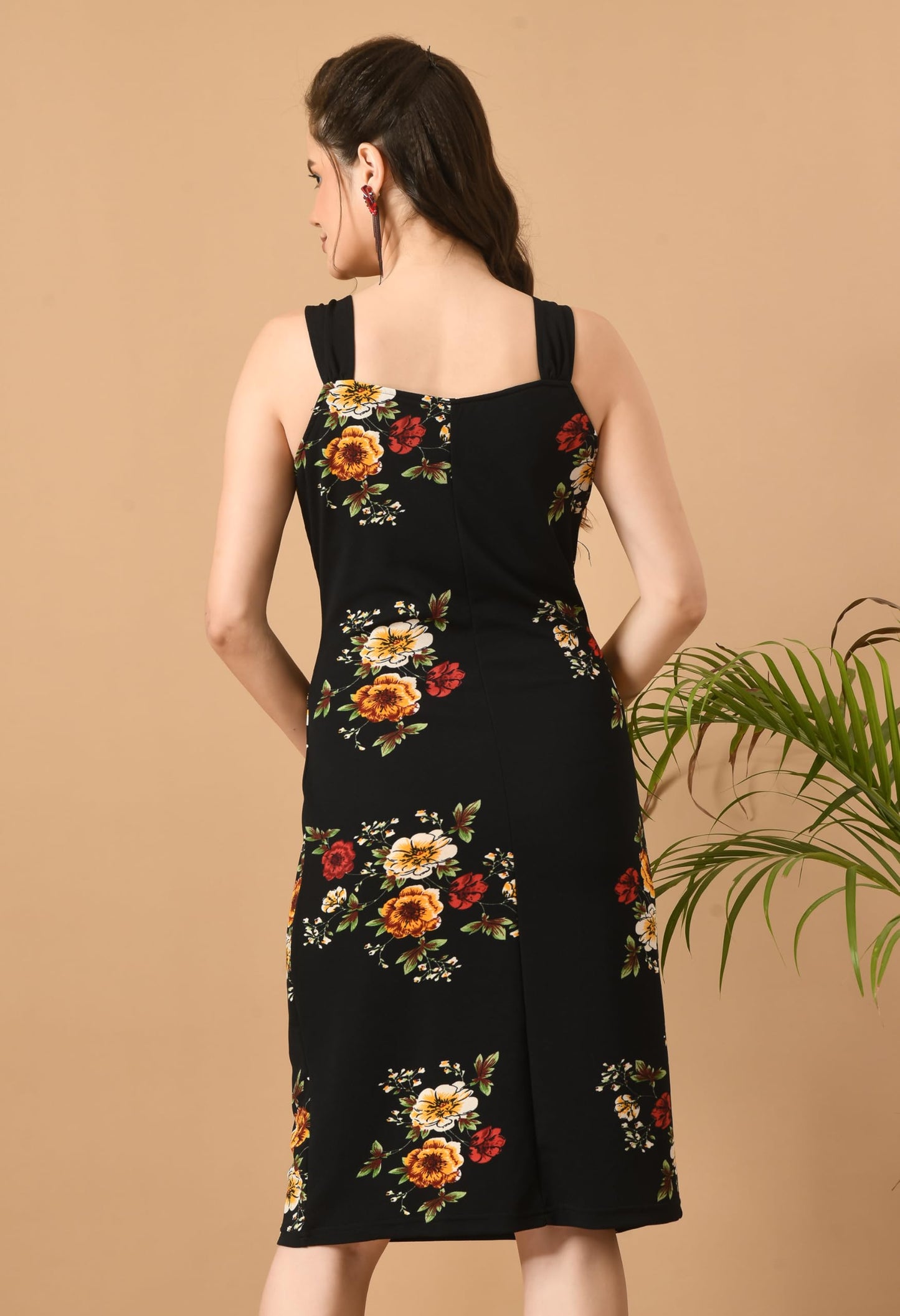 IUGA Women Bodycon Flowre Printed Midi Length Dress Black