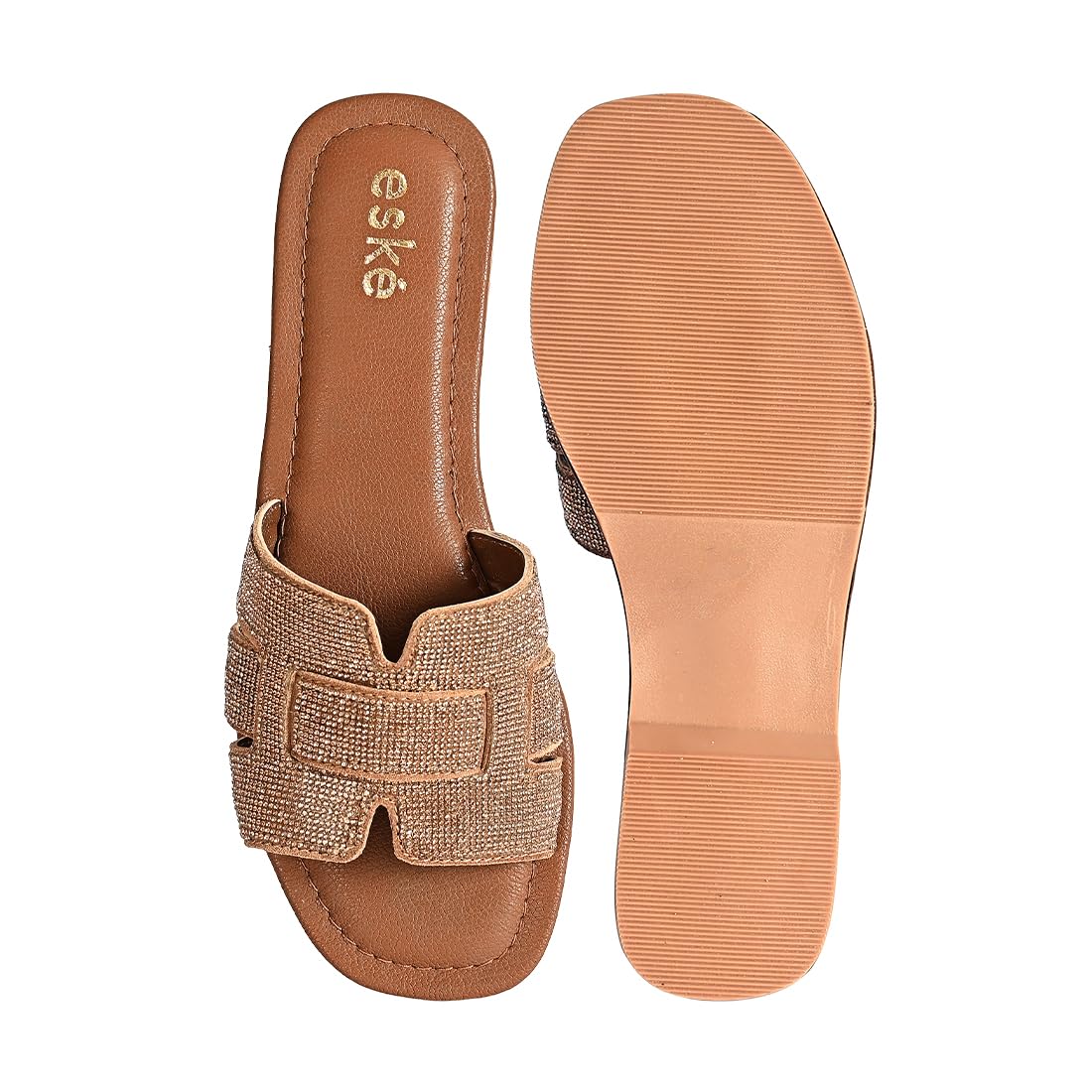 eske Estella Glitter Slip-On Sandals | Bronze Embellished Flat Slides | Comfortable Leather Insole | Stylish Party Wear Flats | Daily Casual Footwear for Girls & Ladies