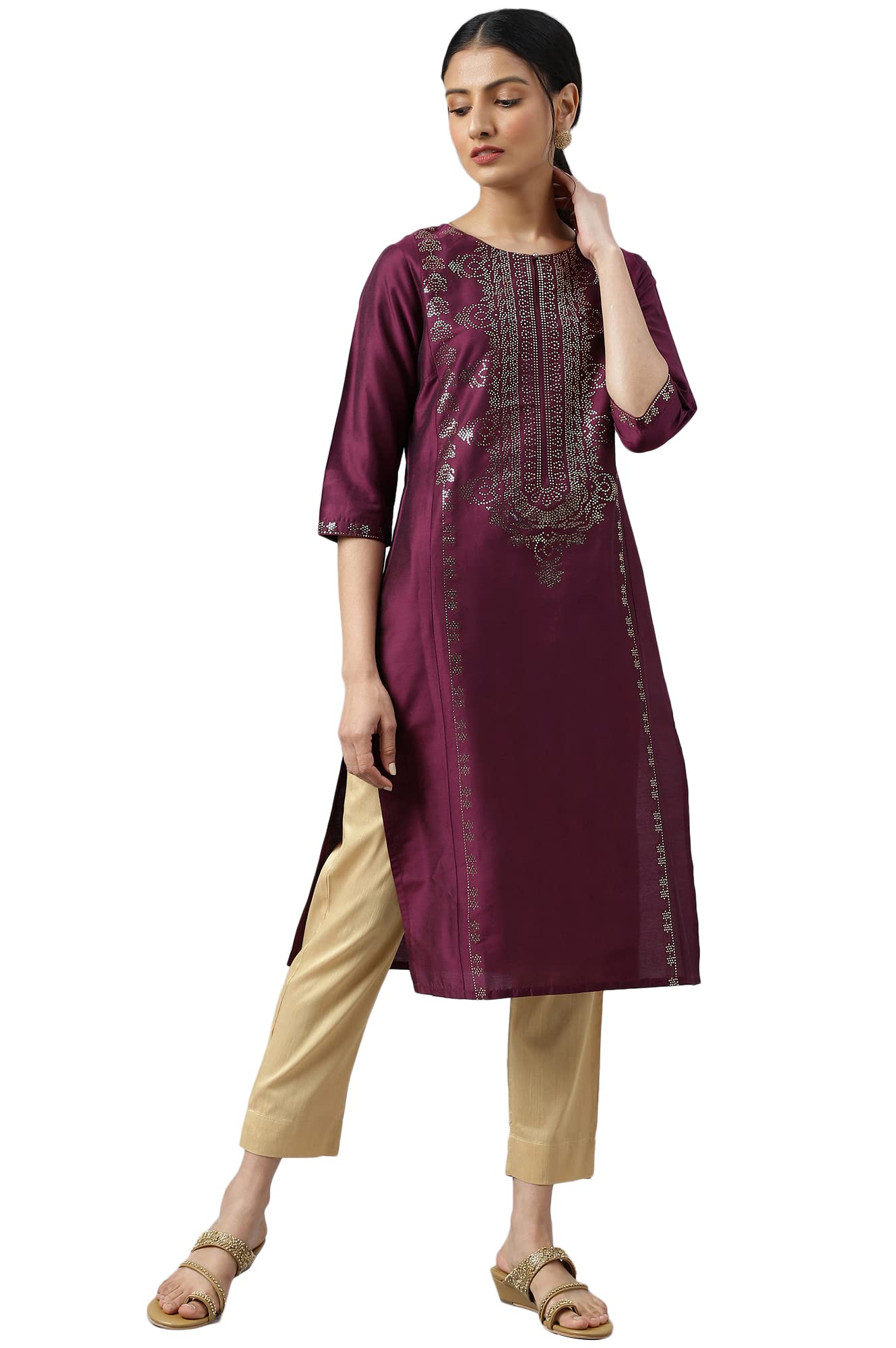 W for Woman Dark Pink Mukaish Placement Print Kurta