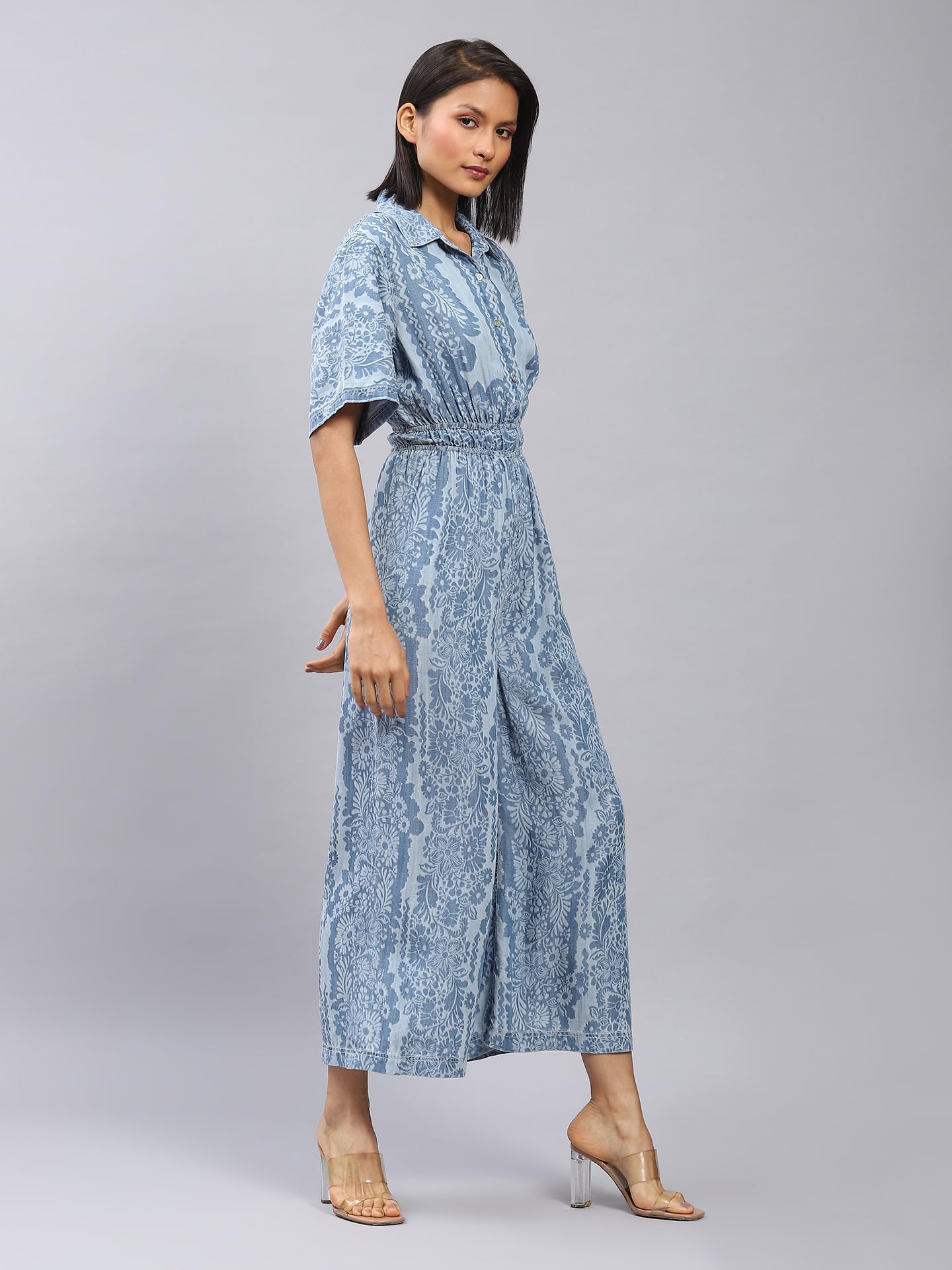 Label RITU KUMAR Blue Floral Print Denim Jumpsuit