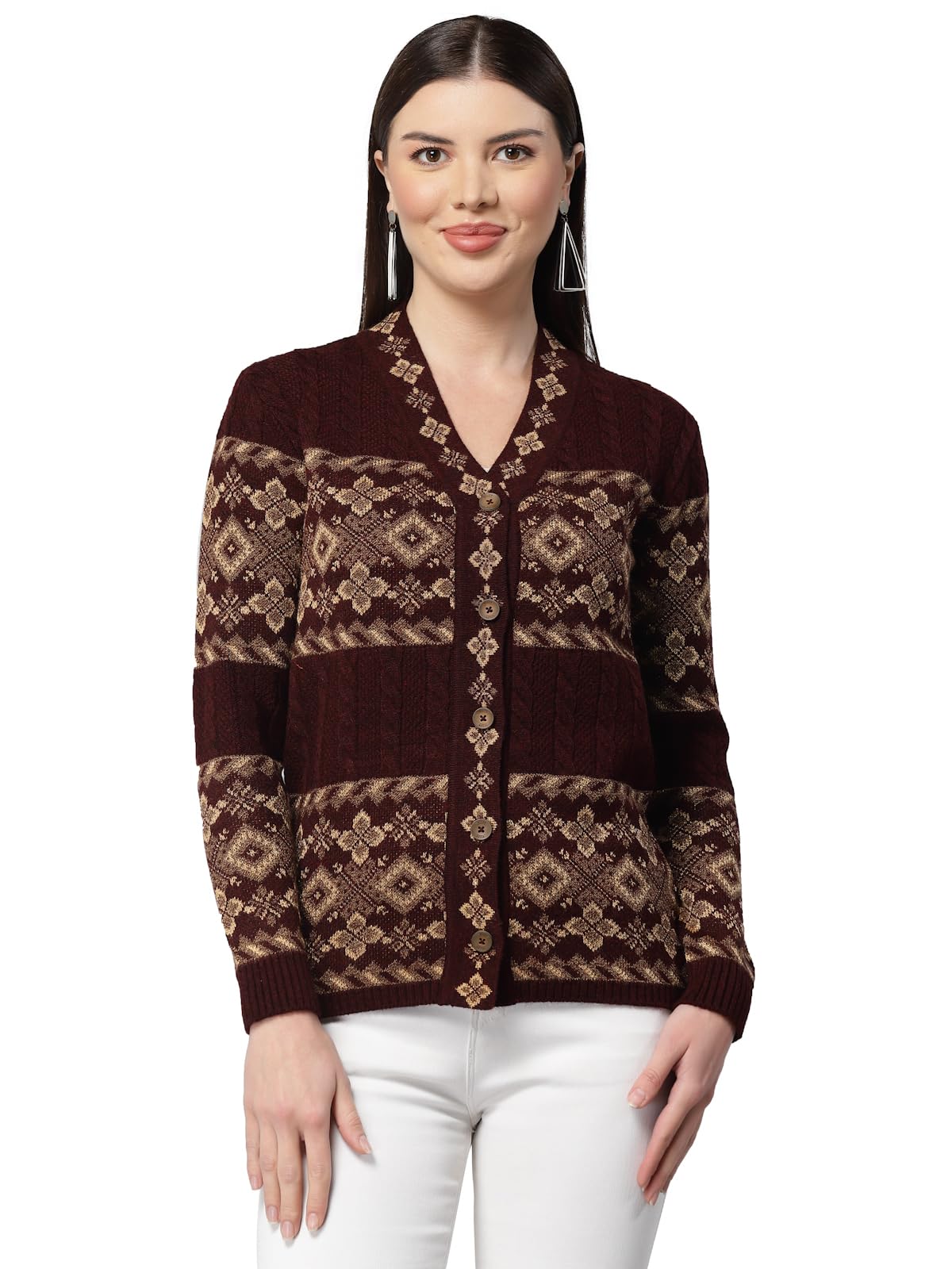Kalt Women Sweater for Winter Woolen Acrylic Full Sleeves V-Neck Jacquard Design Cardigan Sweater for Women Winter Woollen Stylish(Maroon;7XL)