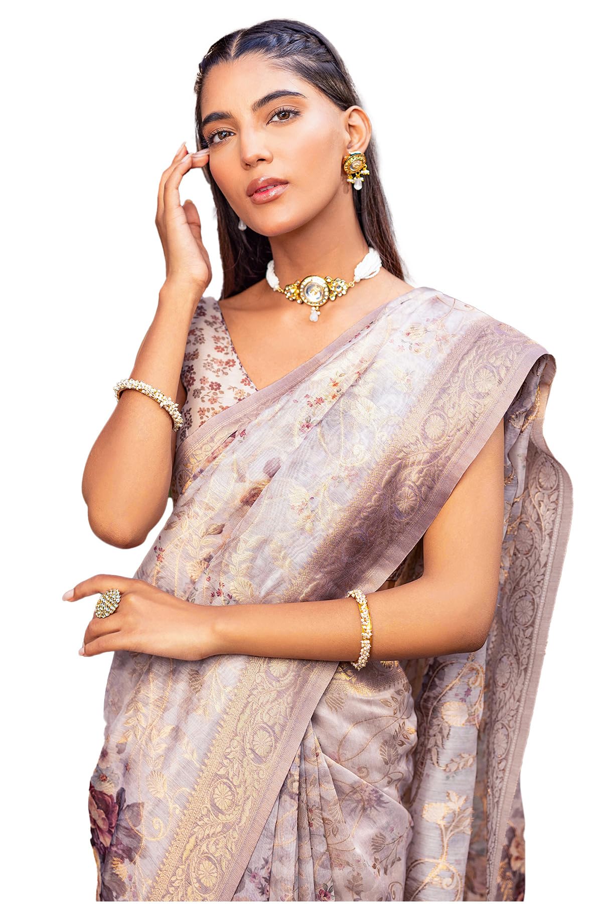 Soch Womens Beige Chanderi Floral Print Saree