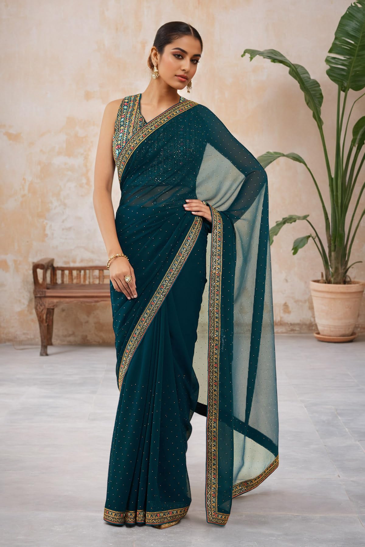 Soch Womens Turquoise Blue Georgette Saree With Stones And Embroidery