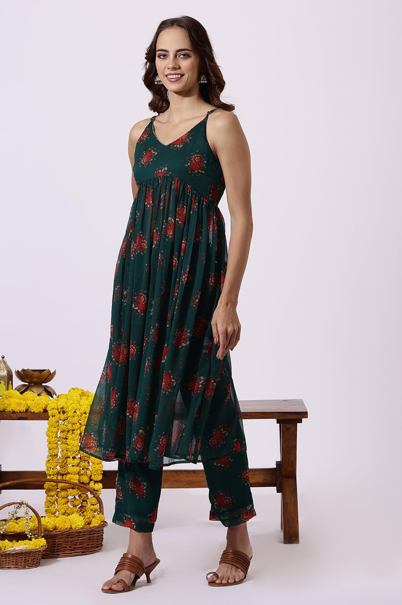 W Green Floral Printed A-line Kurta, Straight Pant & Dupatta for Women (Size: XL)-24AUWS12586-125012