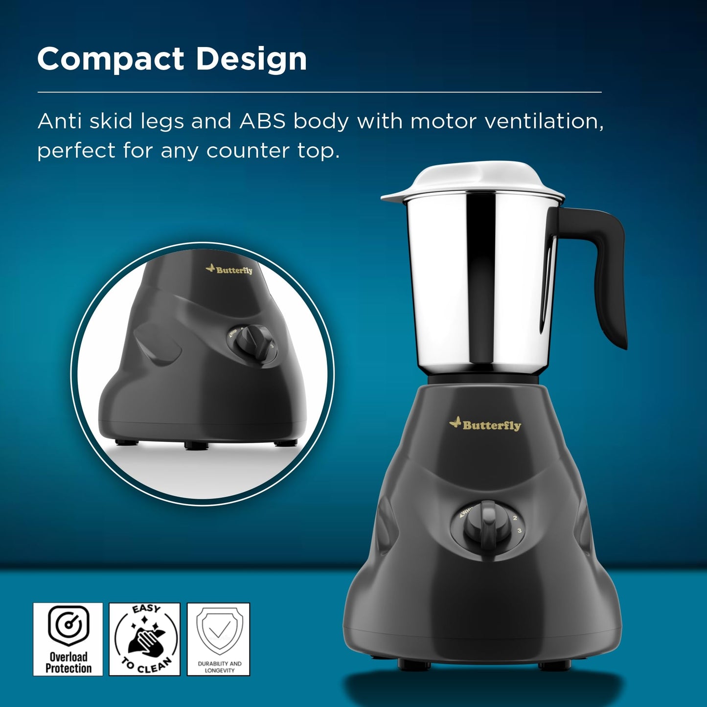 Butterfly Hero 500 Watts Mixer Grinder with 3 Jars | Stainless Steel Multipurpose Jars | ABS Body | Motor Overload Protection | 1 Year Manufacturer's Warranty | Grey