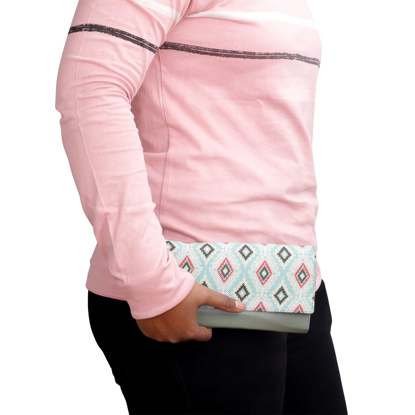 THE CLOWNFISH Jolene Printed Handicraft Fabric & Vegan Leather Women's Wallet Purse Sling Bag with Multiple Card Slots (Skyblue-Diamond)