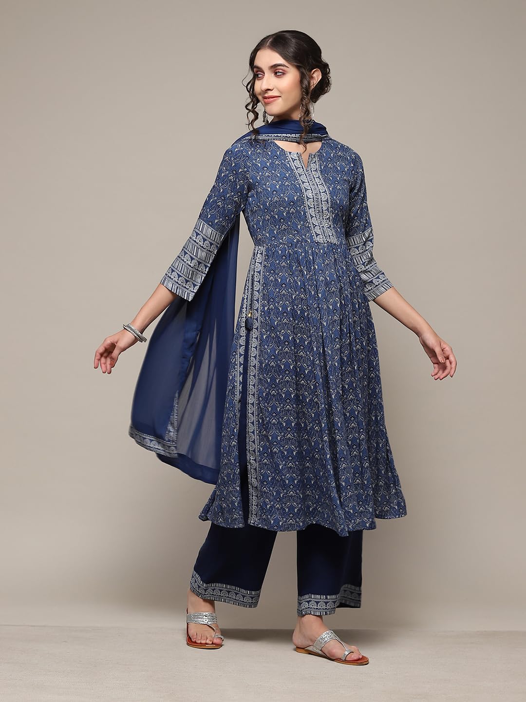 BIBA WOMEN PRINTED STRAIGHT SALWAR KURTA DUPATTA(SKDASSORTED7518_BLUE_36)