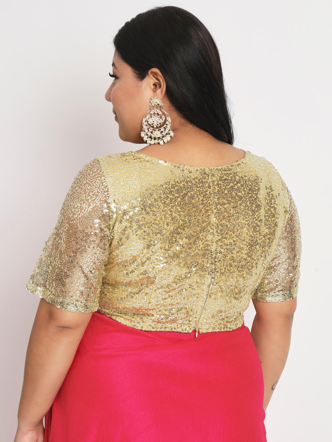 studio rasa Women's Plus Size Net Sequin Embroidered Sheer Sleeves Fitted Crop Top or Blouse For Wedding Festive Party (Tpwpc22316-5Xl_Bl_Gold_5Xl)