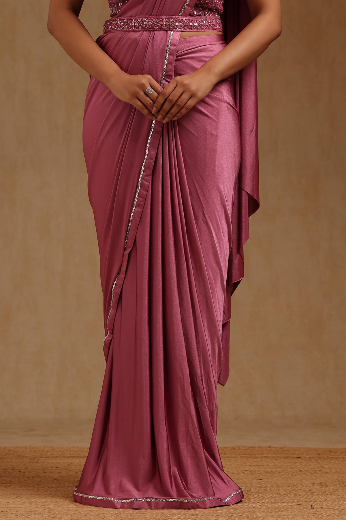 Soch Womens Blush Pink Spandex Solid Ready To Wear Saree
