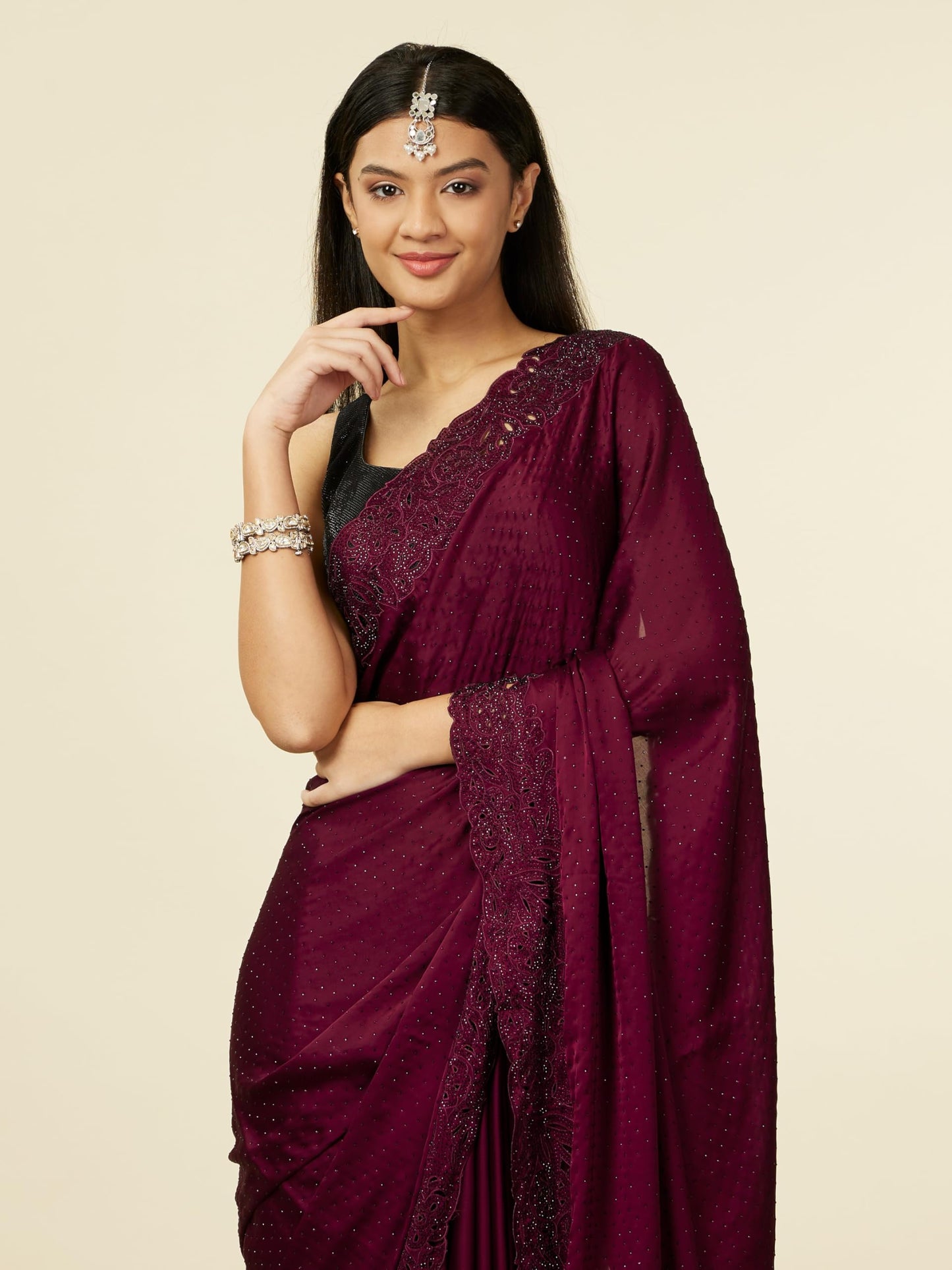 MOHEY Women's Wine Satin Embroidered Zari Weave Saree (WINE)