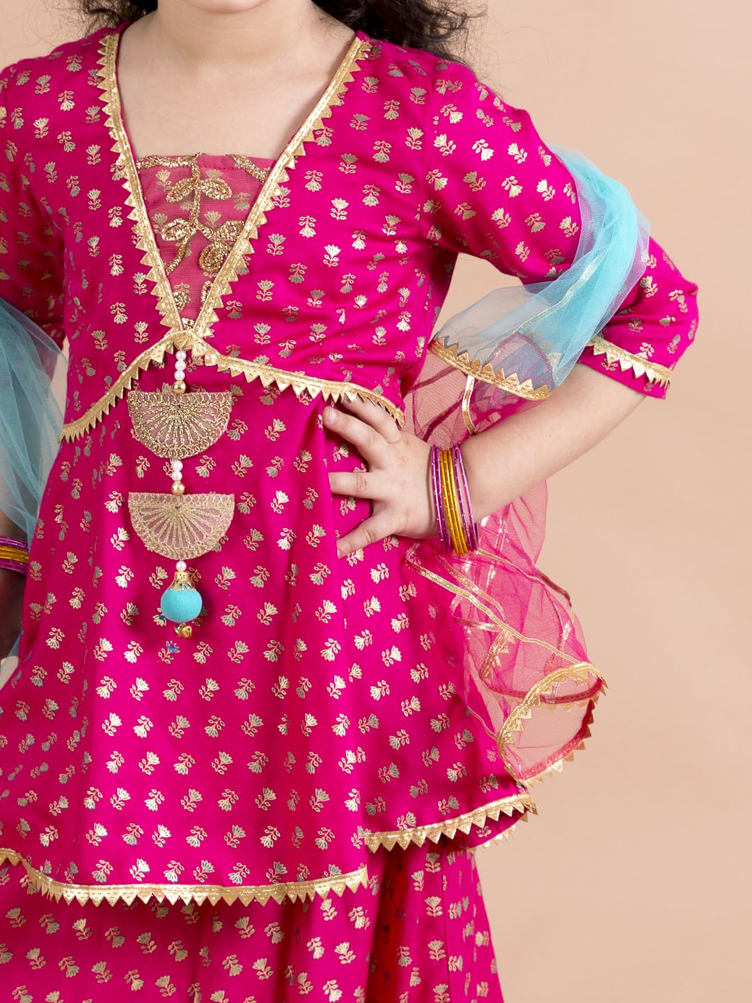 Pspeaches Girls Magenta Blue Printed Ready To Wear Lehenga Blouse With Dupatta (Pink-5-6Y)