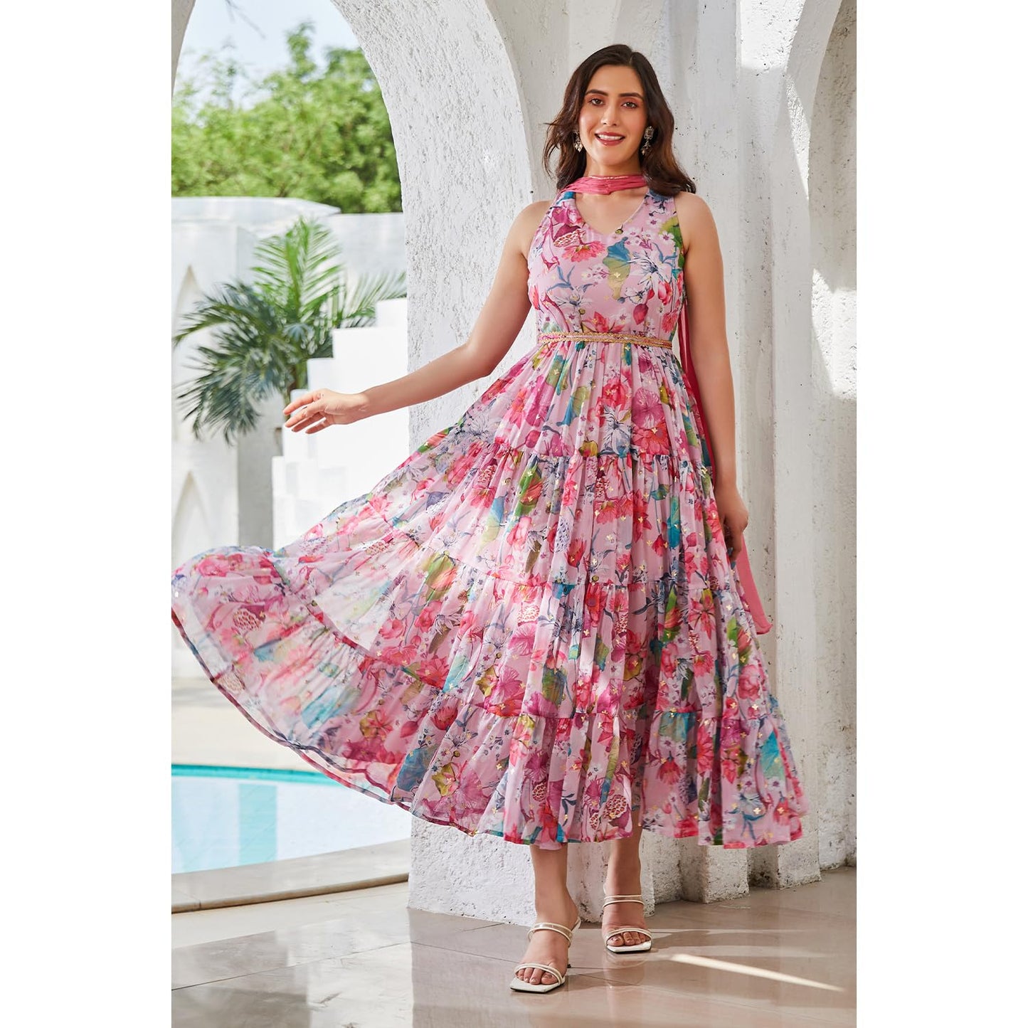 BIBA Women Polyester Anarkali Printed Dress (SKD9665_Pink_XS)